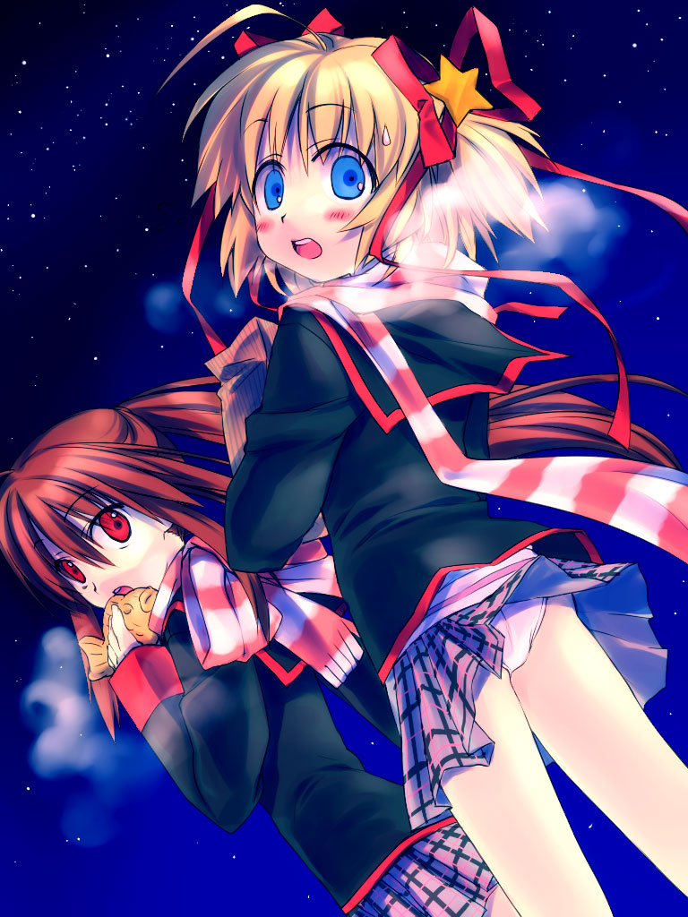 satomi yoshitaka, kamikita komari, natsume rin, little busters!, 2girls, ahoge, blonde hair, blue eyes, blush, breath, food, looking at viewer, multiple girls, panties, pantyshot, plaid clothes, plaid skirt, pleated skirt, ponytail, red eyes, red hair, scarf, school uniform, skirt, sky, standing, star (sky), star (symbol), starry sky, striped clothes, striped scarf, taiyaki, twintails, underwear, wagashi