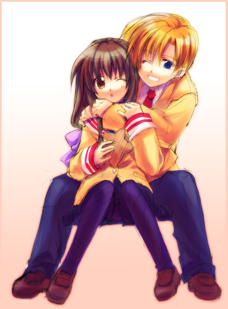 satomi yoshitaka, ibuki fuuko, sunohara youhei, clannad, 00s, 1boy, 1girl, ;d, between legs, black pantyhose, blazer, blonde hair, blue eyes, brown eyes, brown hair, buttons, denim, grin, hetero, hug, jacket, jeans, long sleeves, looking at viewer, one eye closed, open mouth, pants, pantyhose, smile, teeth