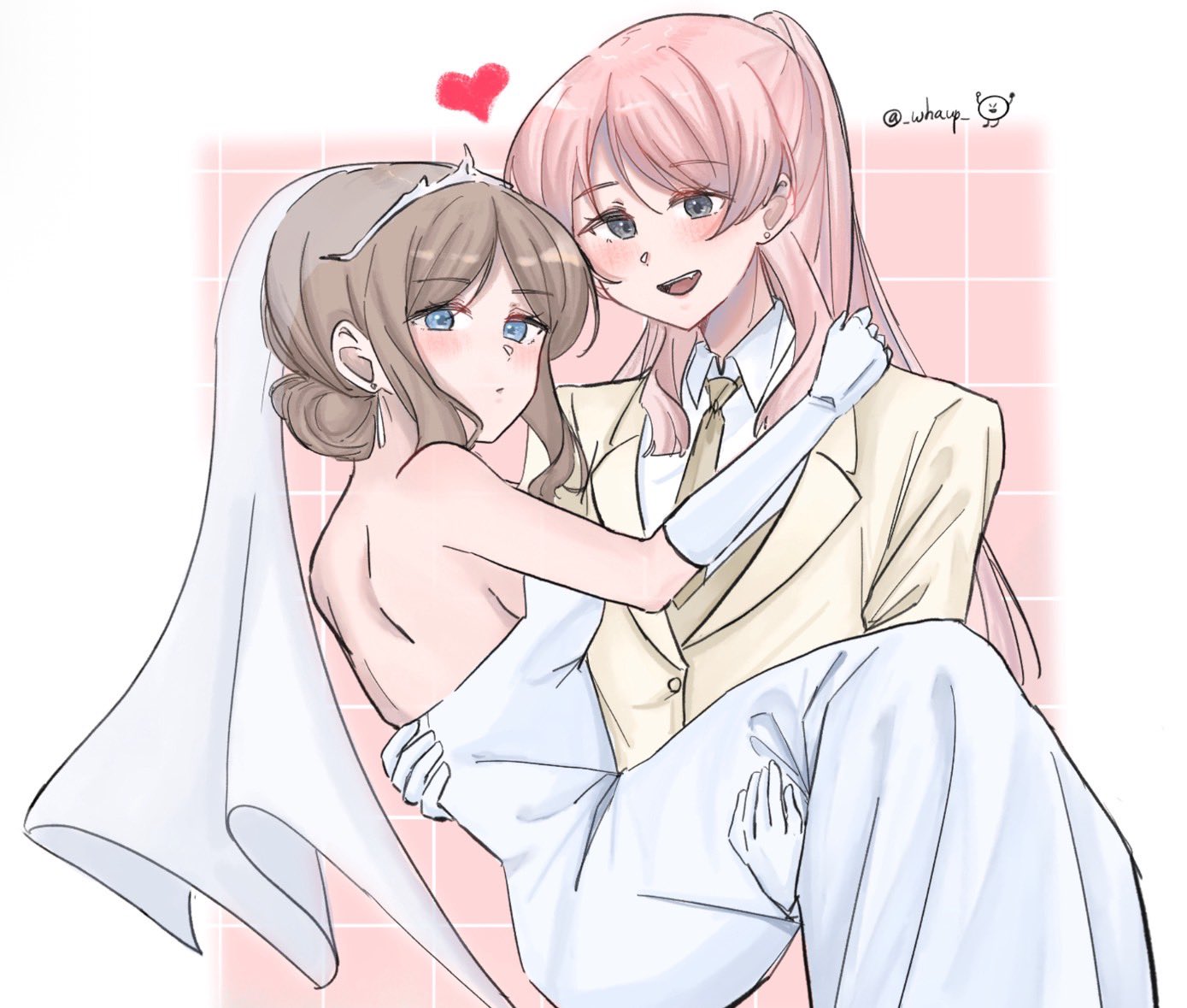 life hater art, chihaya anon, nagasaki soyo, bang dream!, bang dream! it's mygo!!!!!, 2girls, bare shoulders, blue eyes, bridal veil, brown hair, carrying, closed mouth, collared shirt, dress, earrings, elbow gloves, gloves, grey eyes, hair bun, heart, jacket, jewelry, multiple girls, necktie, off-shoulder dress, off shoulder, open mouth, pink background, pink hair, princess carry, shirt, smile, stud earrings, tiara, twitter username, veil, wedding dress, white dress, white gloves, white shirt, wife and wife, yellow jacket, yellow necktie, yuri