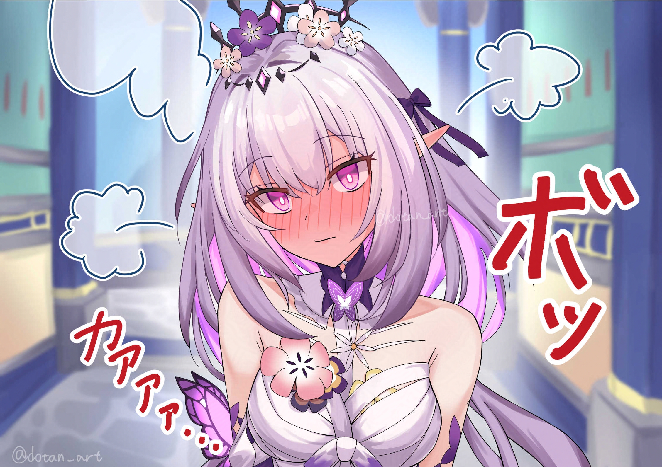 dotan art, castorice (honkai: star rail), honkai: star rail, honkai (series), highres, translation request, 1girl, bare shoulders, black tiara, blush, breasts, closed mouth, dress, ear blush, embarrassed, flower, flustered, full-face blush, hair flower, hair ornament, indoors, long hair, medium breasts, pointy ears, purple eyes, purple hair, solo, speech bubble, steam, tiara, twitter username, upper body, very long hair, white dress