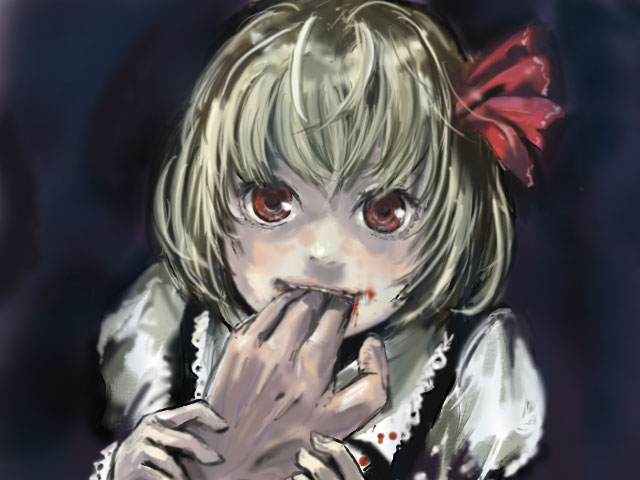 ryu (gaquarium), rumia, embodiment of scarlet devil, touhou, 1girl, biting, blonde hair, blood, female focus, hand grab, looking at viewer, red eyes, ribbon, short hair, solo focus