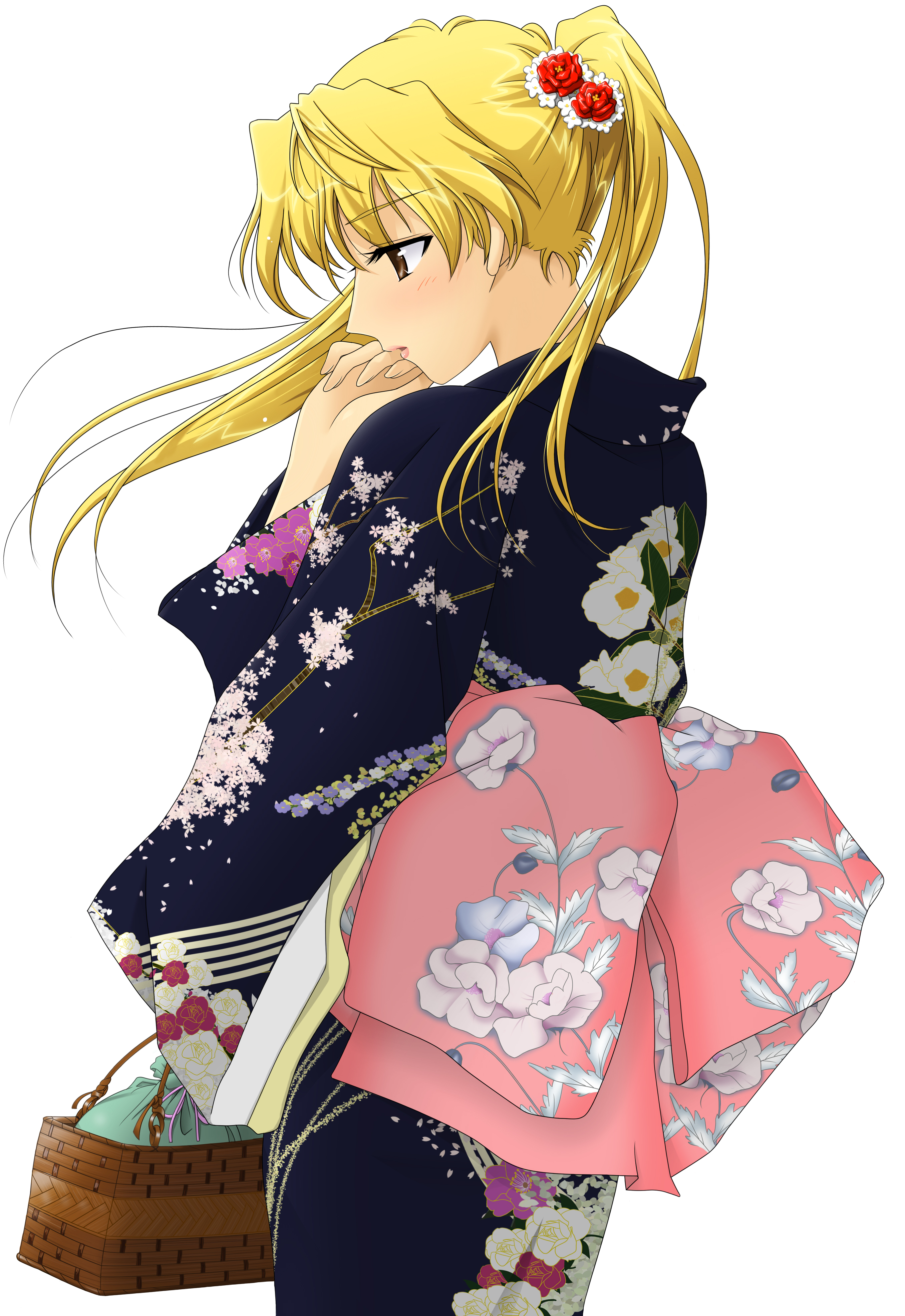 toshi (anime coloring), sawachika eri, school rumble, absurdres, highres, 00s, 1girl, bag, basket, blonde hair, brown eyes, female focus, flower, handbag, japanese clothes, kimono, long hair, solo, white background