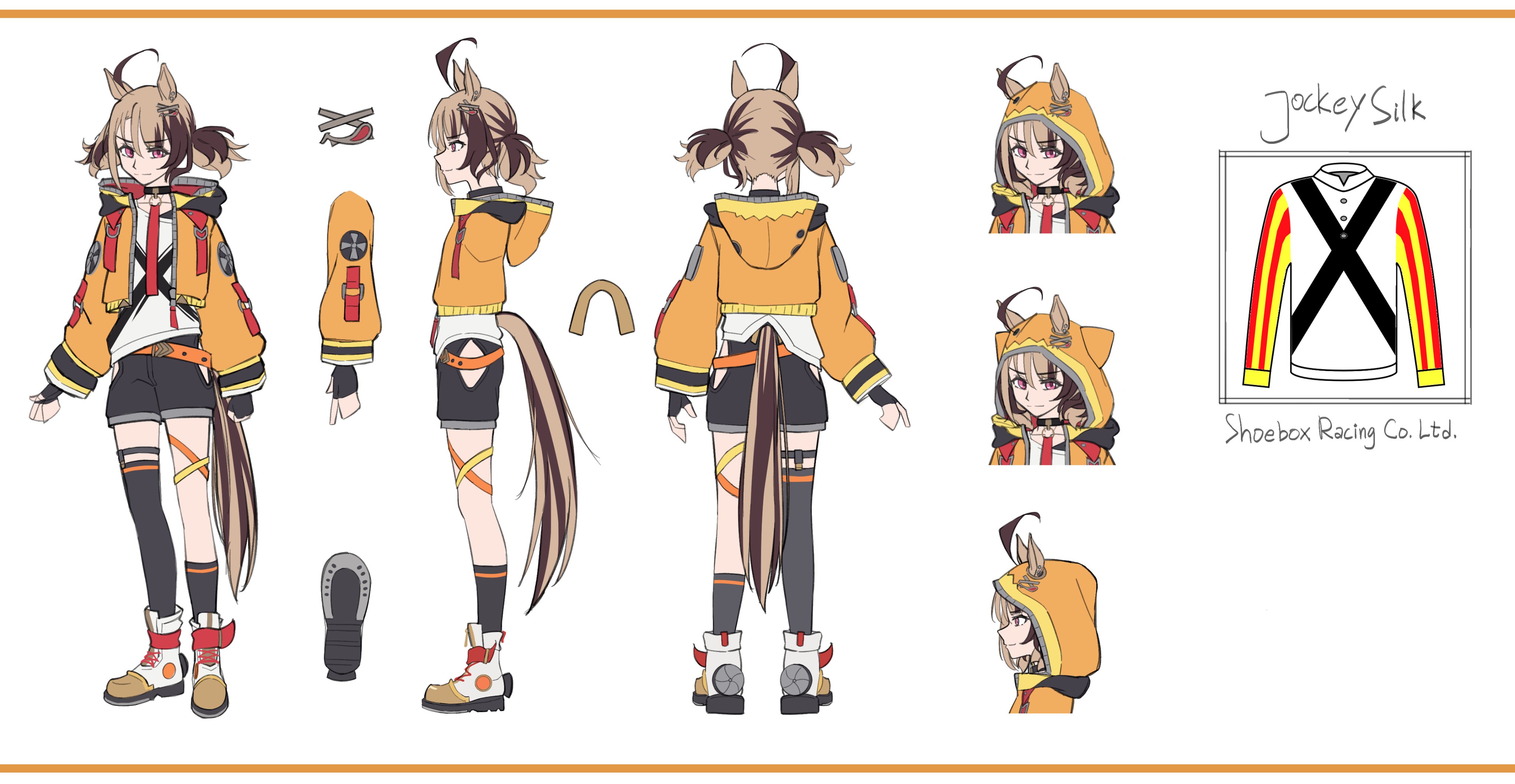 gigi murin, holojustice, hololive, hololive english, umamusume, absurdres, highres, 1girl, ahoge, animal ear hood, animal ears, brown hair, fake animal ears, hair ornament, hair through hood, hood, hooded shrug, hoodie, horse ears, horse girl, horse tail, huge ahoge, joints, kemonomimi mode, multicolored hair, orange hood, orange hoodie, orange thighhighs, reference sheet, shrug (clothing), streaked hair, tail, thighhighs, two-tone hair, virtual youtuber, zaobanmeiling