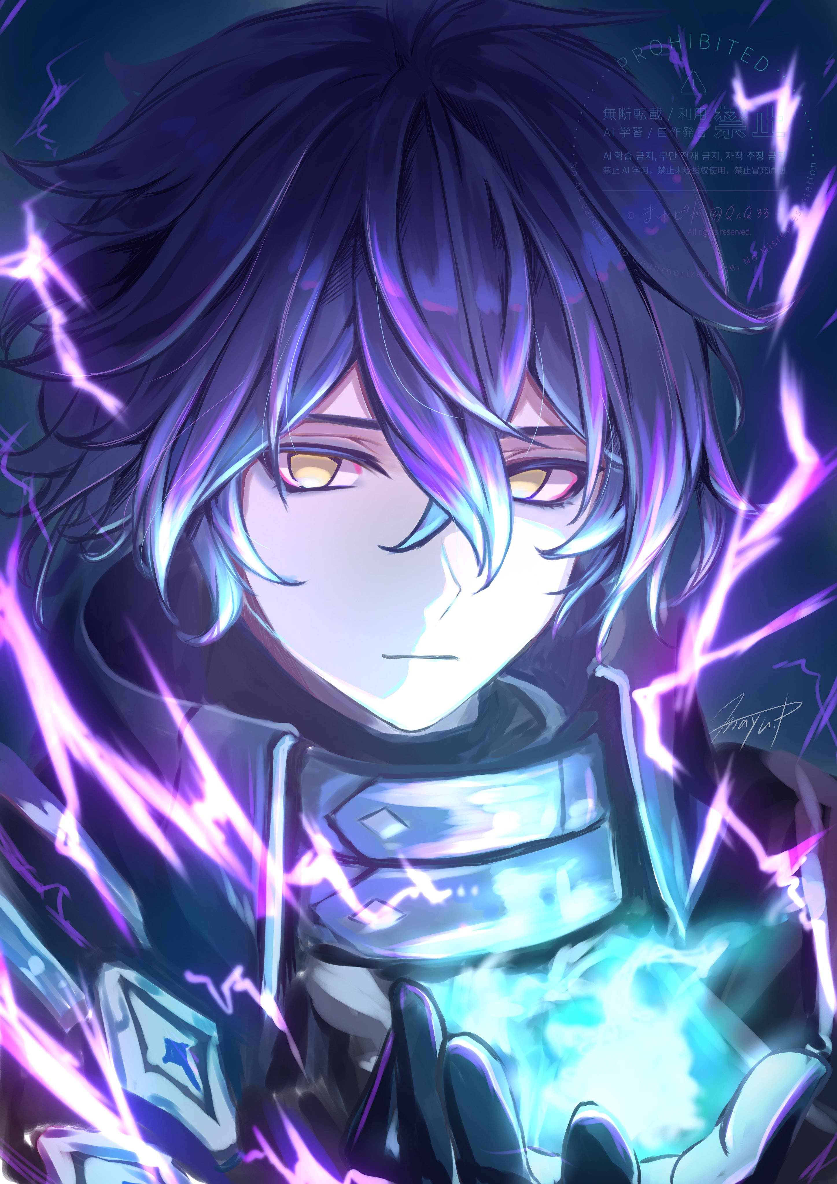 mayupika, flins (genshin impact), genshin impact, absurdres, highres, 1boy, :|, black gloves, black jacket, blue hair, closed mouth, collared jacket, crossed bangs, double-parted bangs, electricity, electrokinesis, empty eyes, gloves, hair between eyes, jacket, looking to the side, male focus, portrait, signature, solo, upper body, watermark, wing collar, yellow eyes