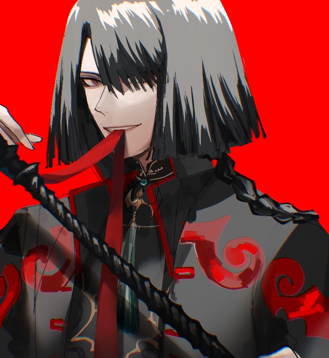 brynhildr97, taigong wang (fate), fate/grand order, fate (series), 1boy, black hair, black jacket, hair over one eye, holding, holding weapon, jacket, male focus, pale skin, weapon