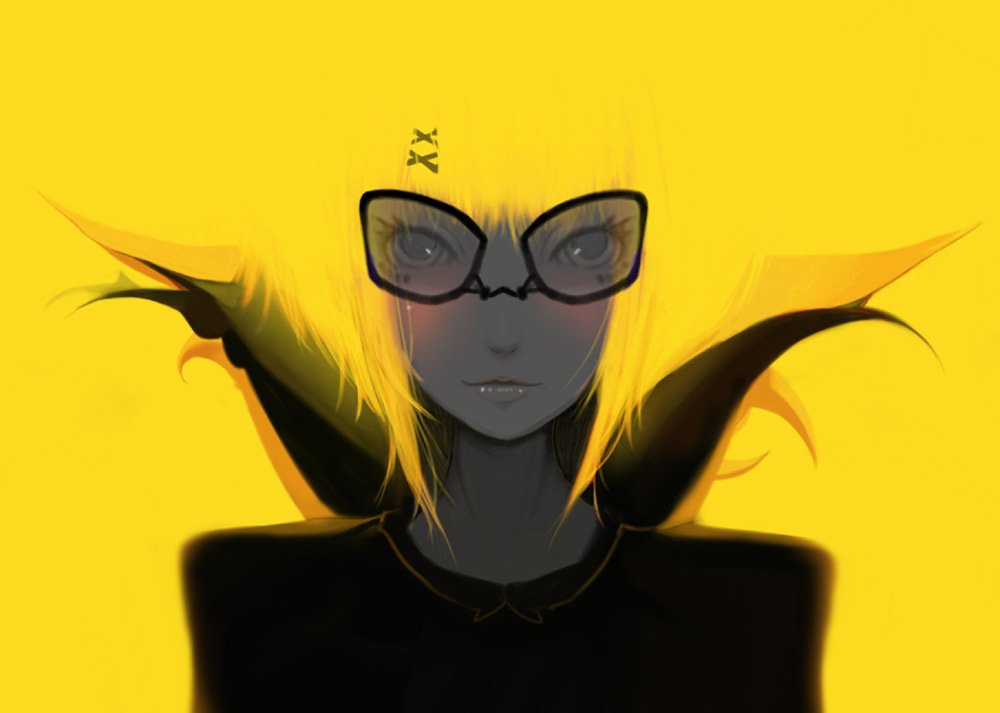 dskb, 1girl, blending, blush, female focus, glasses, lips, simple background, smile, solo