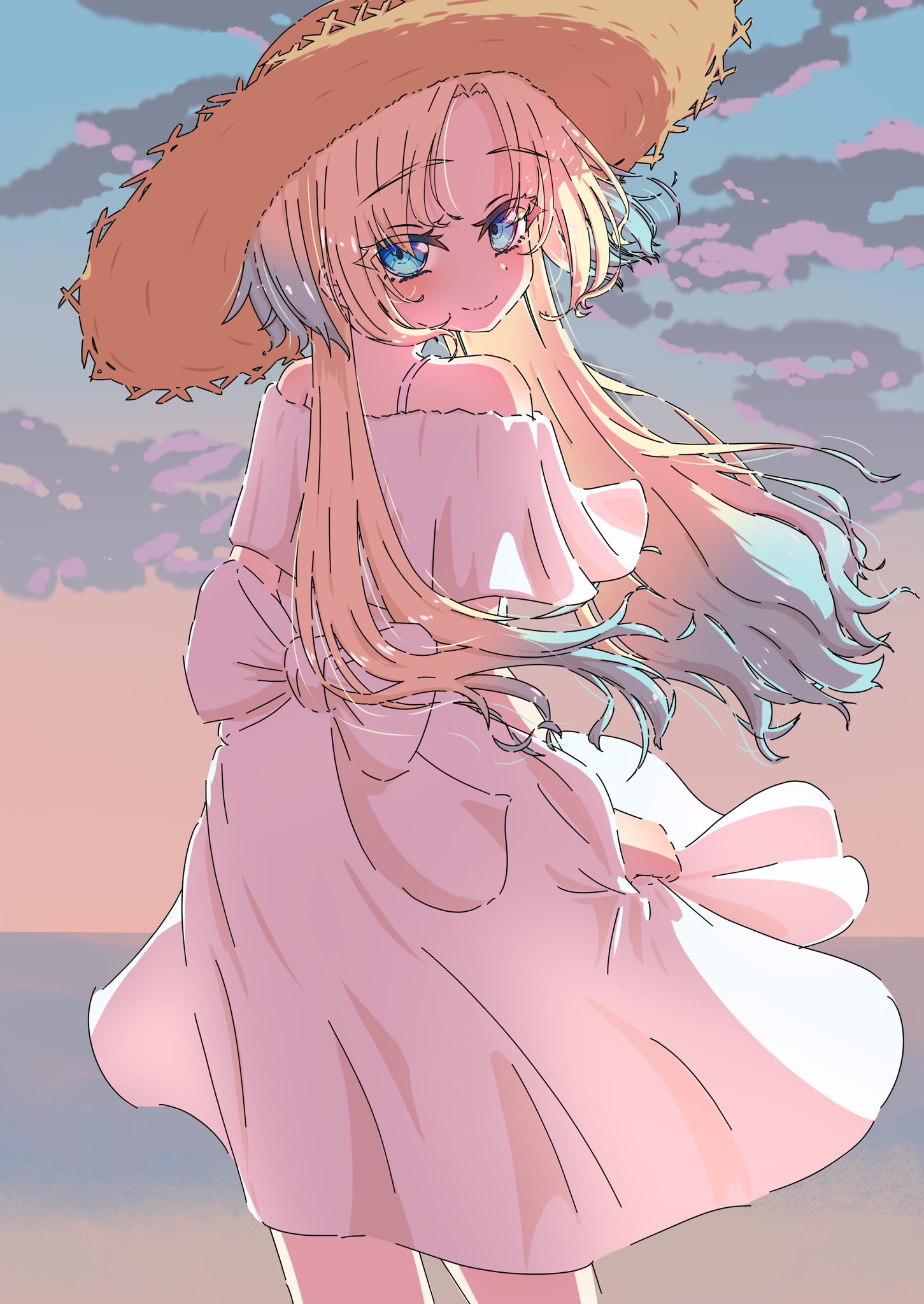 sanya (sanya ikuyo), osawa rurino, link! like! love live!, love live!, commentary, hashtag-only commentary, highres, 1girl, blonde hair, blue eyes, blue hair, blue sky, brown hat, cloud, cowboy shot, dress, floating hair, frilled dress, frills, from behind, gradient hair, hat, horizon, long hair, medium dress, multicolored hair, off-shoulder dress, off shoulder, parted bangs, sky, solo, standing, straw hat, sun hat, sunset, twintails, virtual youtuber, white dress