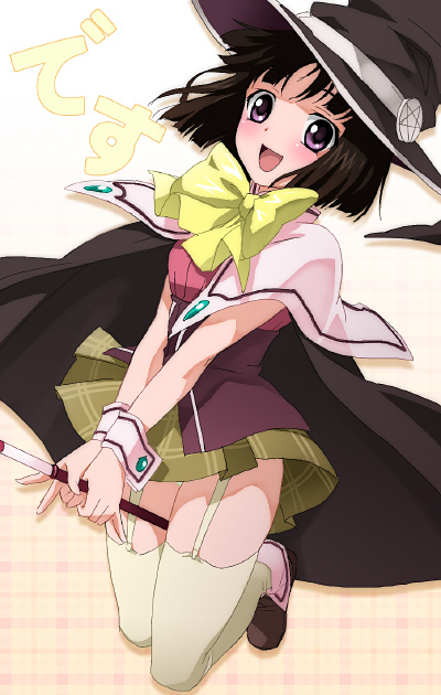 saipaco, sendou yukari, rosario+vampire, 00s, brown hair, flat chest, garter belt, hat, purple eyes, ribbon, school uniform, serafuku, solo, thighhighs, witch, witch hat