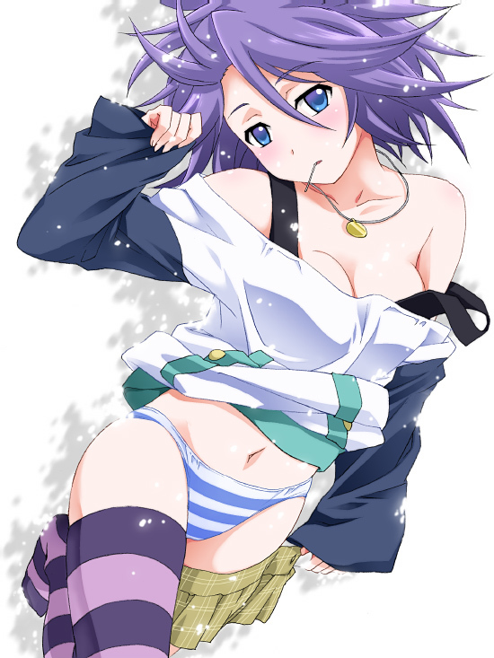 shirayuki mizore, rosario+vampire, 00s, 1girl, blue eyes, breasts, cleavage, clothes pull, collarbone, female focus, midriff, navel, panties, purple hair, short hair, skirt, skirt pull, solo, stomach, striped clothes, striped panties, striped thighhighs, thighhighs, underwear, undressing