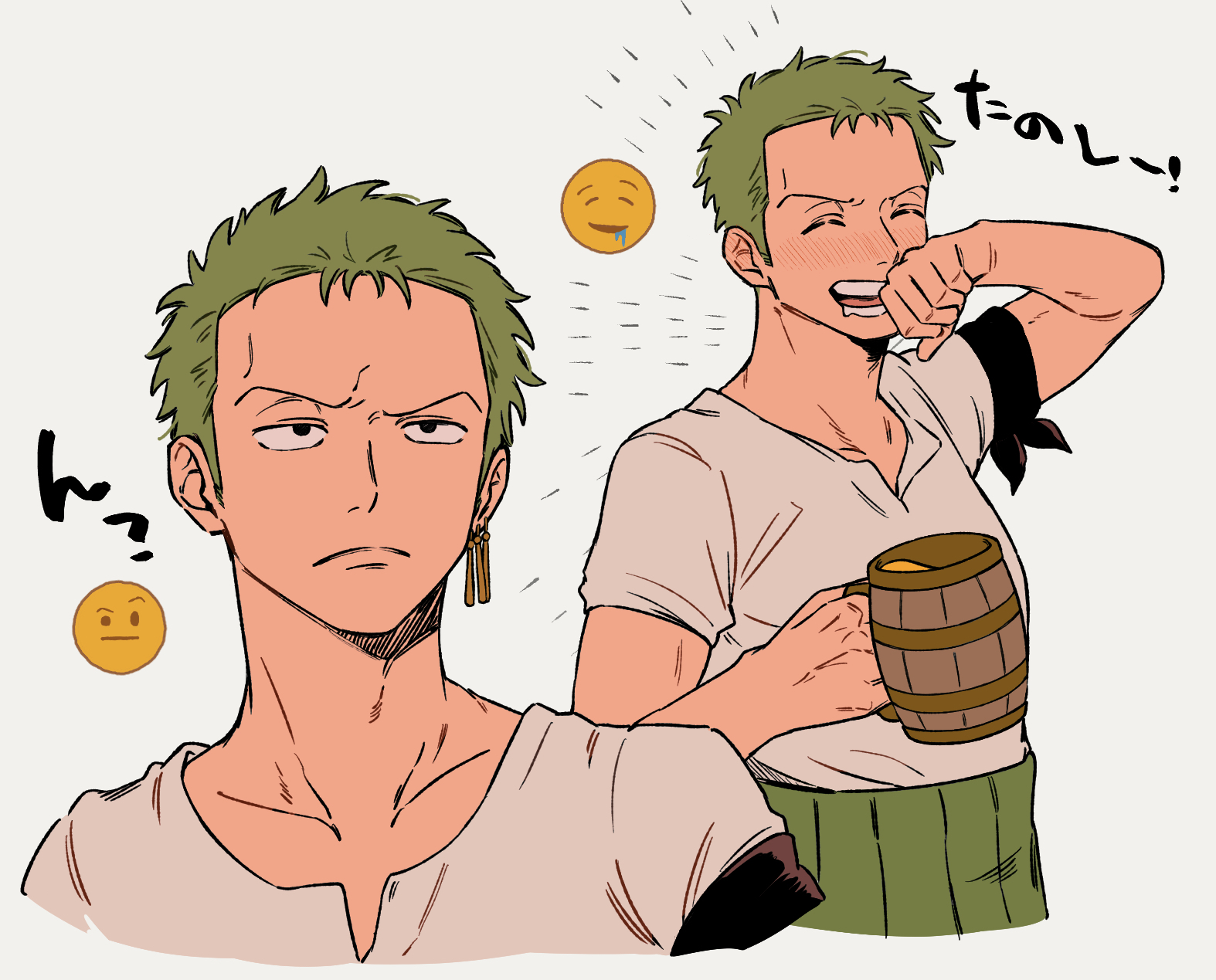 iqracha, roronoa zoro, one piece, highres, translation request, 1boy, alcohol, beer, beer mug, blush, confused, cropped torso, cup, earrings, emoticon, frown, green hair, jewelry, male focus, mug, open mouth, raised eyebrow, shirt, short hair, short sleeves, simple background, white shirt, wiping face