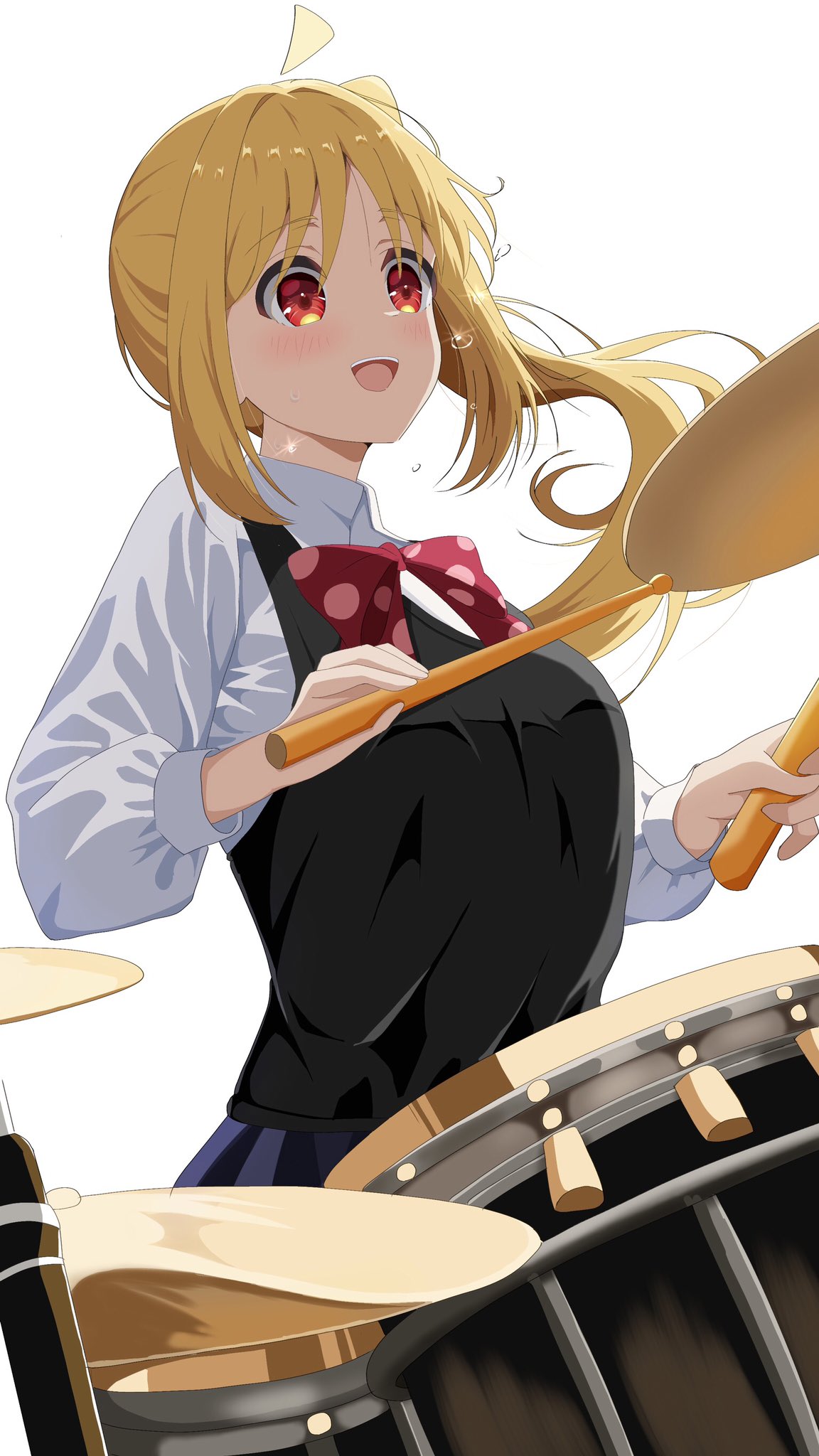 ijichi nijika, bocchi the rock!, highres, 1girl, :d, ahoge, awaco ruku, black skirt, black sweater, black sweater vest, blonde hair, blush, bow, bowtie, breasts, detached ahoge, drum, drum set, drumsticks, holding, holding drumsticks, instrument, long hair, long sleeves, medium breasts, one side up, open mouth, pleated skirt, polka dot, polka dot bow, polka dot bowtie, red bow, red eyes, shirt, side ponytail, simple background, skirt, smile, solo, sweatdrop, sweater, sweater vest, teeth, upper teeth only, white background, white shirt