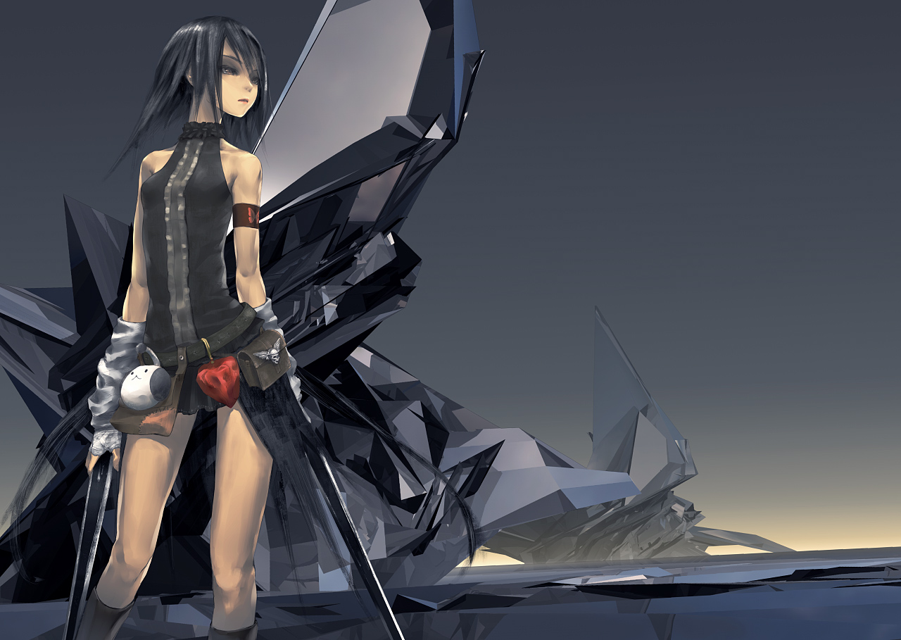 redjuice, original, bare shoulders, black eyes, black hair, brown eyes, chinese lantern (plant), elbow gloves, gloves, miniskirt, short hair, skirt, sleeveless, sleeveless turtleneck, sword, turtleneck, weapon
