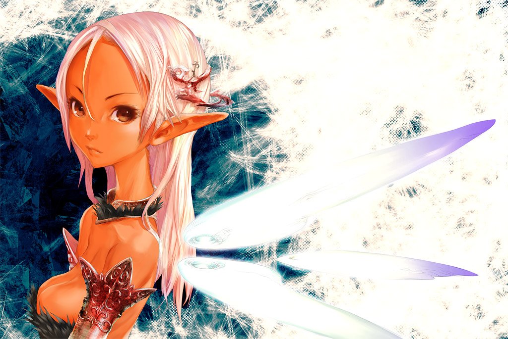 redjuice, bad id, bad pixiv id, 1girl, breasts, brown eyes, cleavage, fairy, female focus, pink hair, pointy ears, solo, wings