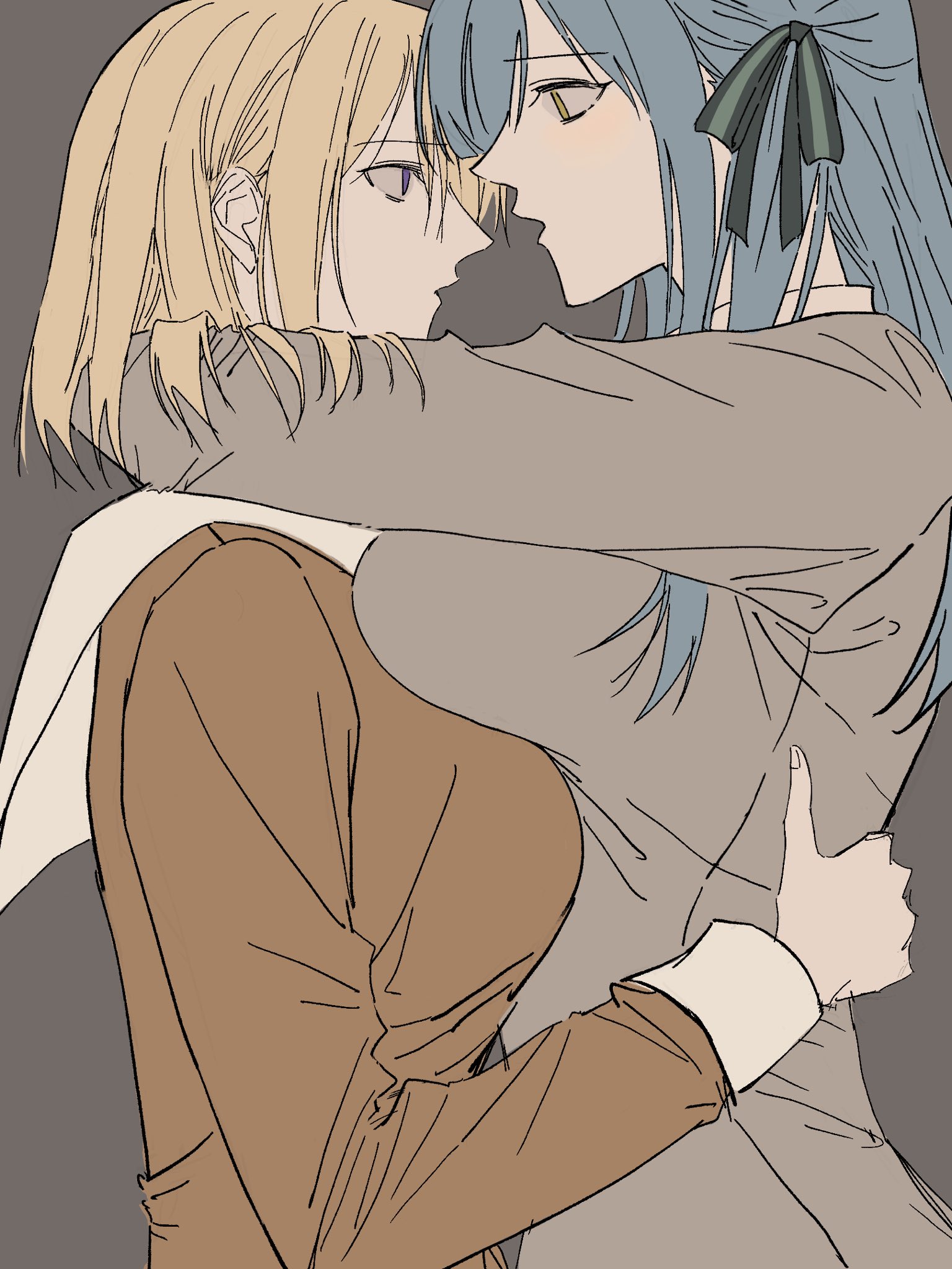 misumi uika, togawa sakiko, bang dream!, bang dream! it's mygo!!!!!, chinese commentary, commentary request, highres, 2girls, arms around neck, asymmetrical docking, blonde hair, blue hair, breast press, breasts, brown dress, dress, from side, green ribbon, grey background, grey jacket, hair ribbon, hanasakigawa school uniform, hand on another's waist, jacket, large breasts, medium hair, multiple girls, profile, purple eyes, ribbon, sailor dress, school uniform, simple background, two side up, waterybluesoul, yellow eyes, yuri