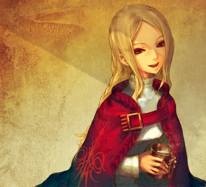 redjuice, agrias oaks, ovelia atkascha, final fantasy, final fantasy tactics, bad id, bad pixiv id, 1girl, blonde hair, cape, female focus, red eyes, smile, solo