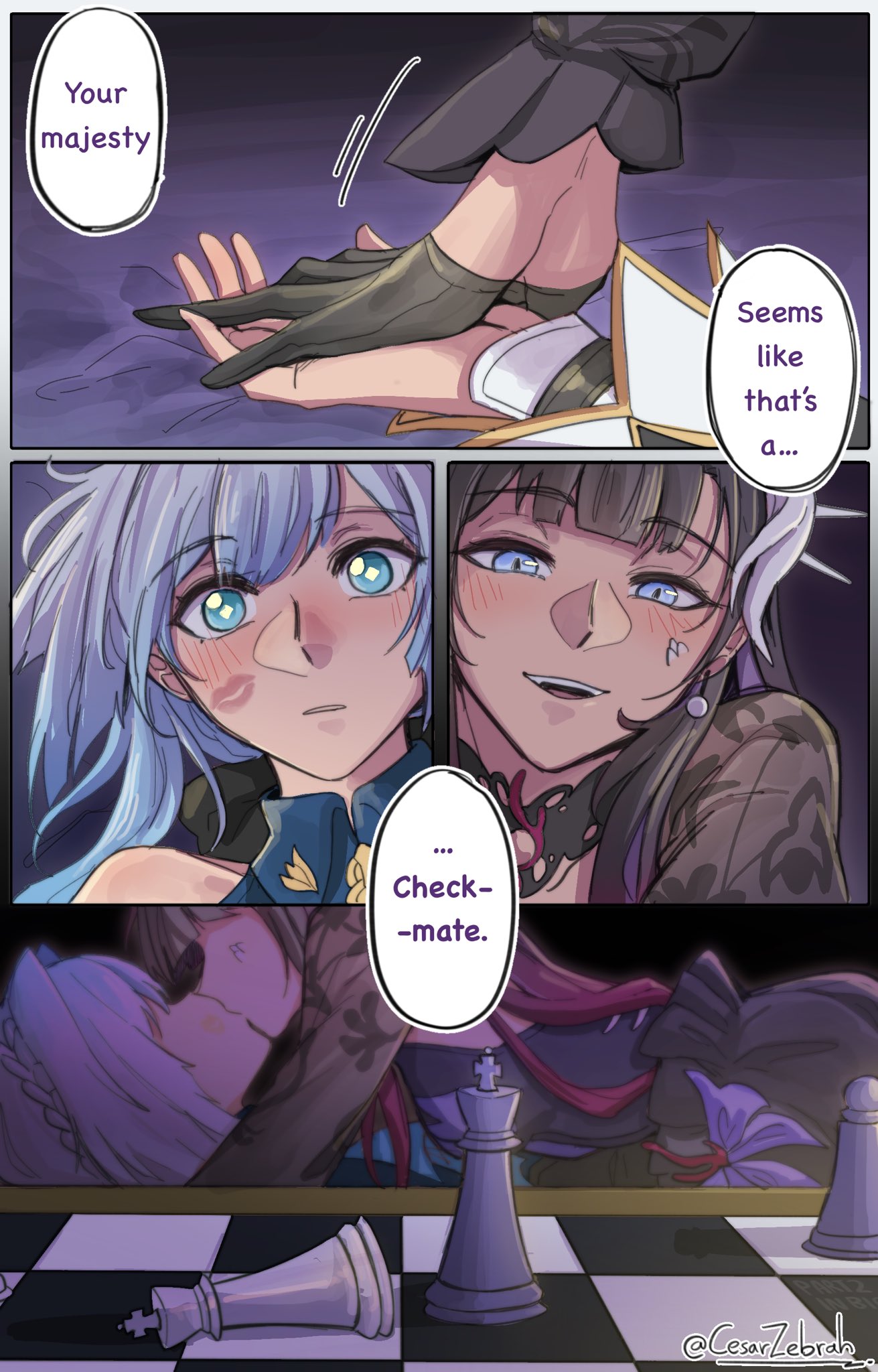 cesar zebrah, cerydra (honkai: star rail), hysilens (honkai: star rail), honkai: star rail, honkai (series), commentary, english commentary, highres, paid reward available, 2girls, black gloves, black hair, blue eyes, blue hair, blush, chess piece, chessboard, english text, gloves, holding hands, interlocked fingers, kiss, lipstick mark, lipstick mark on face, multiple girls, parted lips, smile, speech bubble, yuri