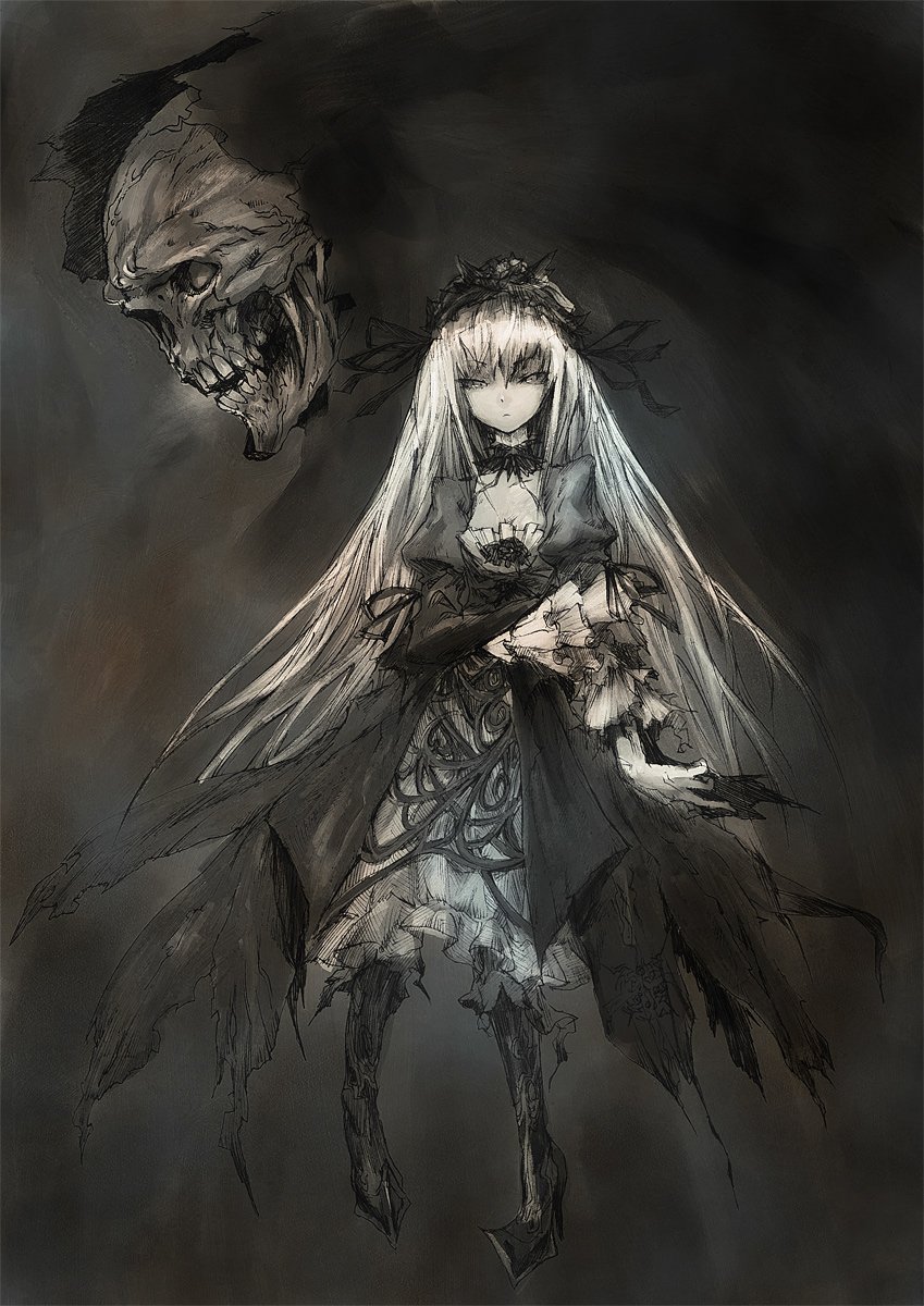 redjuice, suigintou, rozen maiden, bad id, bad pixiv id, highres, 00s, 1girl, breasts, female focus, monochrome, small breasts, solo
