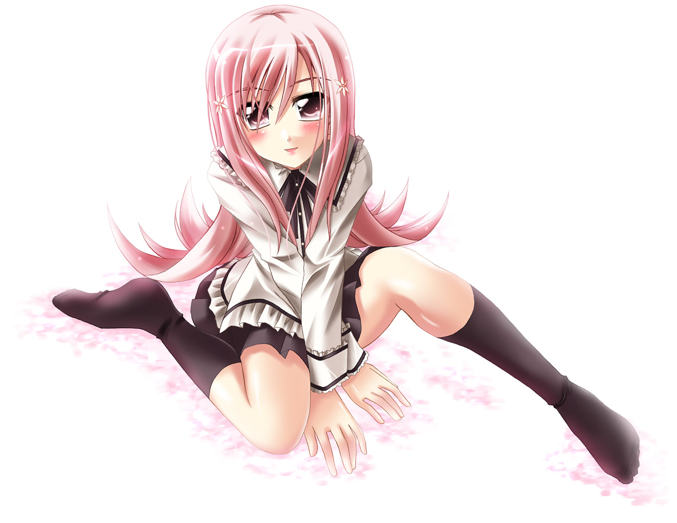 otoki raku, lucy maria misora, to heart (series), to heart 2, 00s, blush, long hair, miniskirt, pink eyes, pink hair, skirt, socks, solo