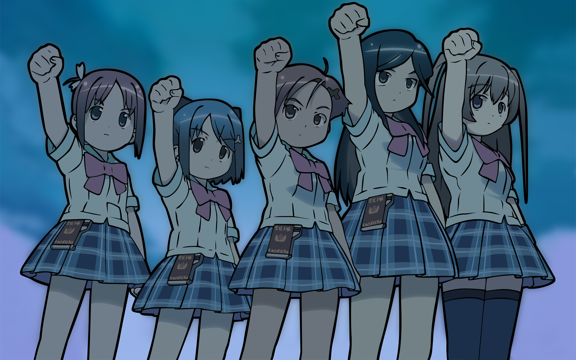 amamiya manami, etou mei, inamori mika, odori momoha, uehara mutsuki, gakuen utopia manabi straight!, derivative work, highres, vector trace, 00s, 5girls, clenched hand, multiple girls, plaid clothes, plaid skirt, raised fist, skirt, thighhighs