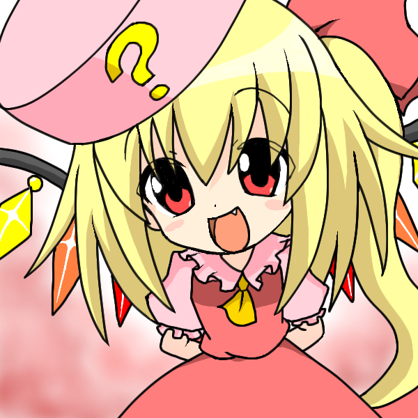 flandre scarlet, hatena yousei, benesse, touhou, 1girl, :d, ?, cosplay, crossover, curious, female focus, hat, hatena yousei (cosplay), looking at viewer, oekaki, open mouth, pink hat, smile, solo, wings