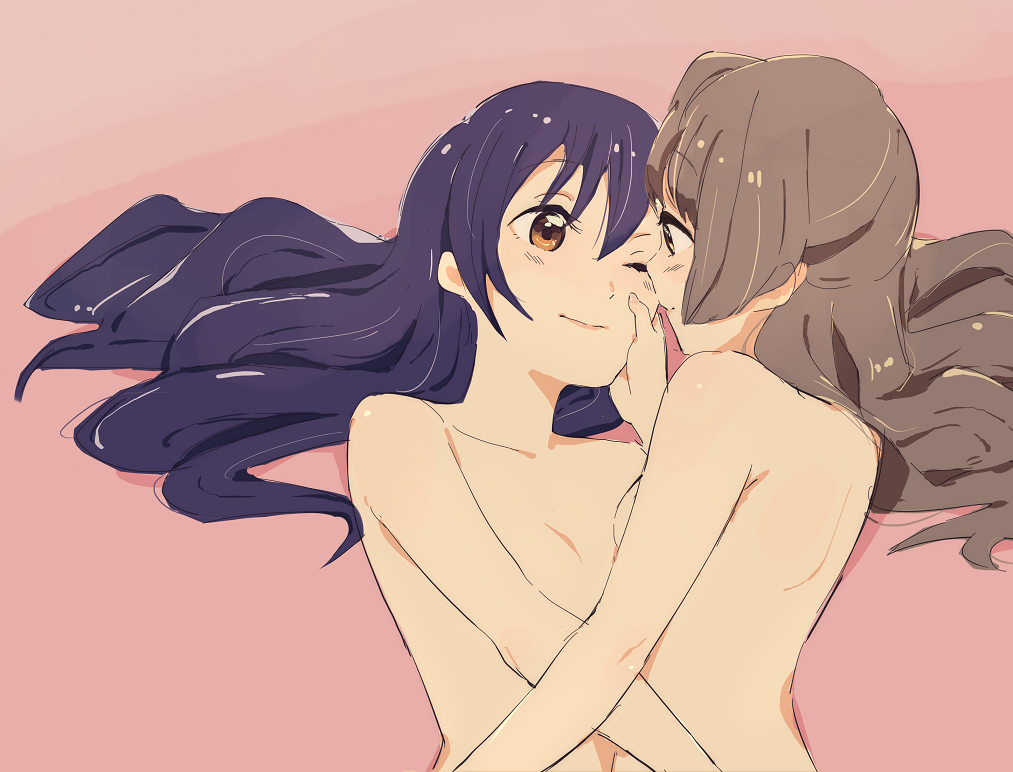 funinki (evota), minami kotori, sonoda umi, love live!, love live! school idol project, 2girls, blue hair, brown hair, eye contact, face-to-face, lips, long hair, looking at another, lying, multiple girls, nude, on back, one eye closed, yellow eyes, yuri