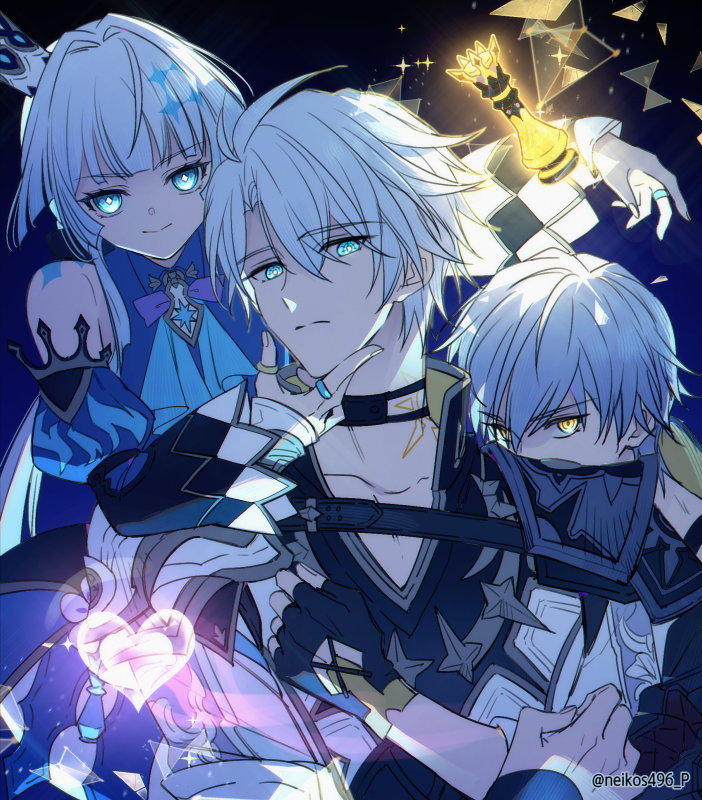 caelus (honkai: star rail), cerydra (honkai: star rail), phainon (honkai: star rail), trailblazer (honkai: star rail), honkai: star rail, honkai (series), 1girl, 2boys, antenna hair, armor, ascot, bare shoulders, black background, black choker, black coat, black gloves, black sleeves, blue ascot, blue background, blue dress, blue eyes, blue hair, blunt bangs, bow, bowtie, chess piece, choker, closed mouth, coat, collarbone, collared dress, colored inner hair, covered mouth, crown, detached sleeves, diamond-shaped pupils, diamond (shape), dress, fingerless gloves, fingernails, gloves, gradient background, grey hair, hair between eyes, heart, hood, hooded coat, hug, hug from behind, jacket, jewelry, juliet sleeves, long hair, long sleeves, looking at viewer, low ponytail, mini crown, multicolored hair, multiple boys, multiple rings, neck tattoo, neikos496 p, ponytail, puffy sleeves, purple bow, purple bowtie, ring, short hair, shoulder armor, sidelocks, simple background, sleeveless, sleeveless dress, smile, sun symbol, sun tattoo, symbol-shaped pupils, tan, tattoo, two-sided coat, two-sided fabric, upper body, v-shaped eyebrows, white hair, white jacket, wide sleeves, yellow coat, yellow eyes, yellow pupils
