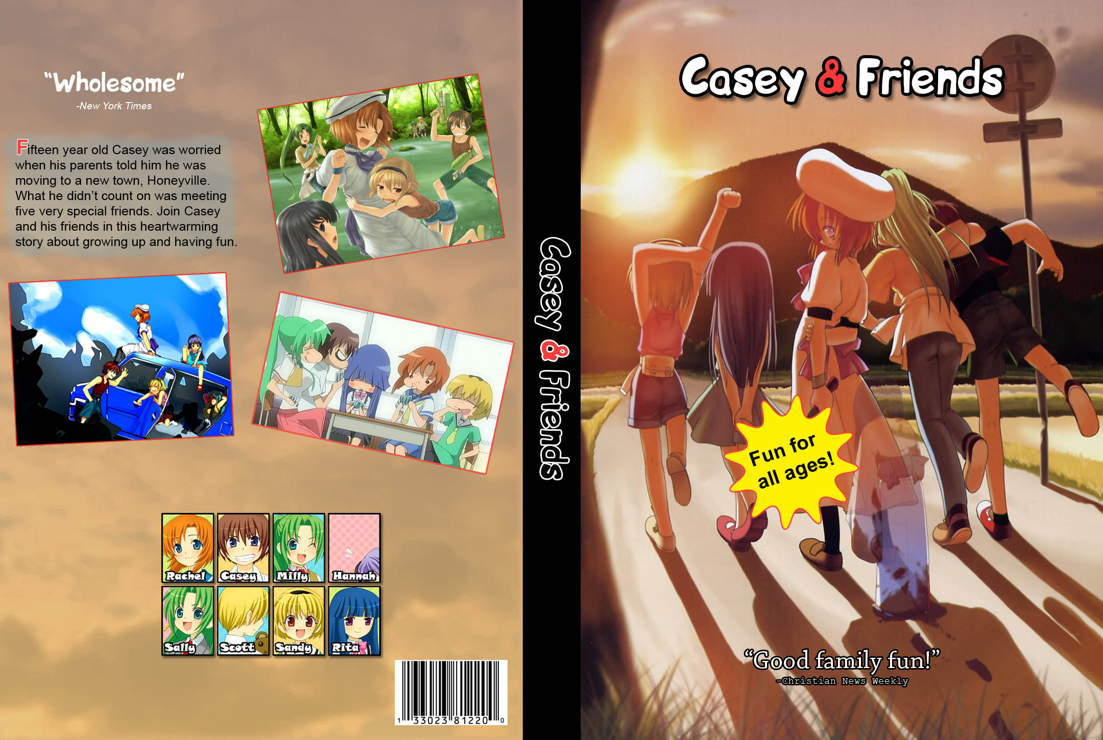 furude rika, hanyuu, houjou satoko, houjou satoshi, maebara keiichi, ryuuguu rena, sonozaki mion, sonozaki shion, higurashi no naku koro ni, highres, 2boys, 6+girls, arms up, beret, blonde hair, brown hair, evening, full body, hat, multiple boys, multiple girls, outdoors, parody, road sign, shade, shadow, sign, standing, stretching, sun, sunlight, sunset