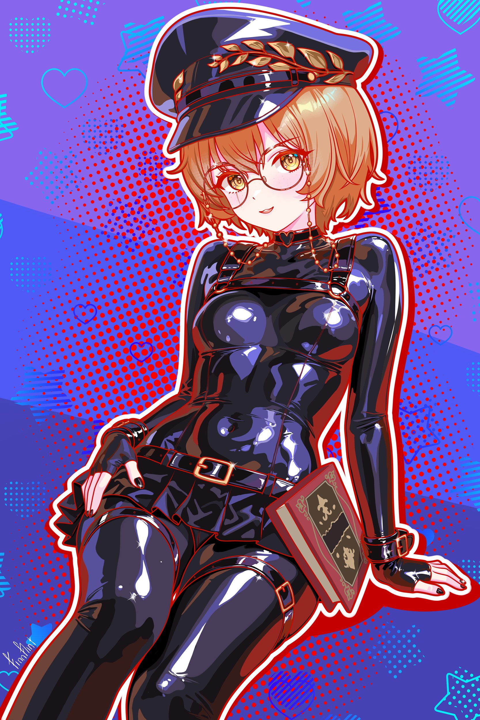 finn flint, clio aite, phase connect, absurdres, commission, highres, 1girl, abstract background, belt, bodysuit, book, breasts, brown eyes, brown hair, fingerless gloves, glasses, gloves, latex, latex bodysuit, microskirt, open mouth, round eyewear, short hair, skirt, small breasts, smile, virtual youtuber
