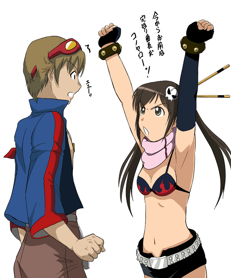 takaya n, fujioka (minami-ke), kakihara tetsuya, minami kana, simon (ttgl), yoko littner, minami-ke, tengen toppa gurren lagann, boss, translated, 1boy, 1girl, bikini, bikini top only, cosplay, parody, simon (cosplay), swimsuit, voice actor connection, what, yoko littner (cosplay)