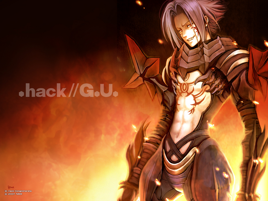 biwa, biwa (illustrator), haseo, haseo (.hack//), .hack//, .hack//g.u., bandai, cyber connect 2, 00s, 1boy, 2007, abs, armor, copyright name, fang, fire, grey hair, grin, male focus, red eyes, smile, solo, tattoo