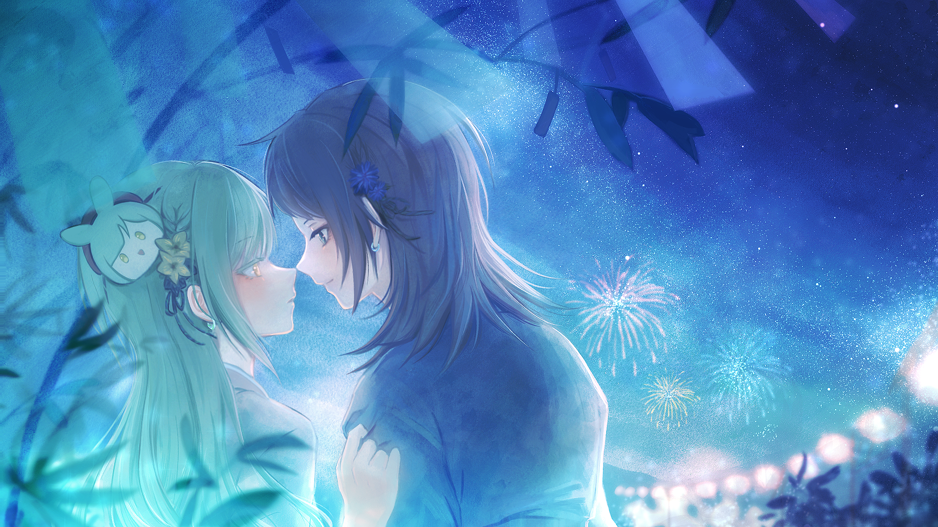yakaze (yakaze1604), wakaba mutsumi, yahata umiri, bang dream!, bang dream! it's mygo!!!!!, chinese commentary, commentary request, highres, 2girls, aerial fireworks, black hair, black kimono, blue eyes, blue flower, closed mouth, earrings, eye contact, fireworks, flower, green flower, green hair, hair flower, hair ornament, japanese clothes, jewelry, kimono, long hair, looking at another, multiple girls, night, outdoors, parted lips, sky, star (sky), starry sky, tanabata, yellow eyes, yuri