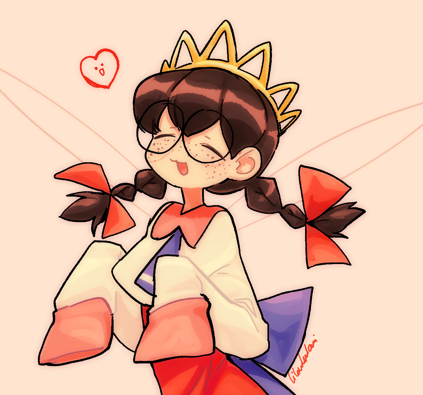 lilowleelani, ripple star queen, kirby (series), kirby 64, nintendo, highres, 1girl, black hair, braid, closed eyes, fairy, fairy wings, freckles, glasses, heart, low twin braids, round eyewear, signature, sleeves past fingers, sleeves past wrists, solo, twin braids, wings