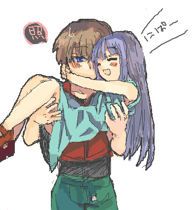 furude rika, maebara keiichi, higurashi no naku koro ni, lowres, tagme, 00s, 1boy, 1girl, age difference, hetero, size difference, teenage boy and younger girl, white background