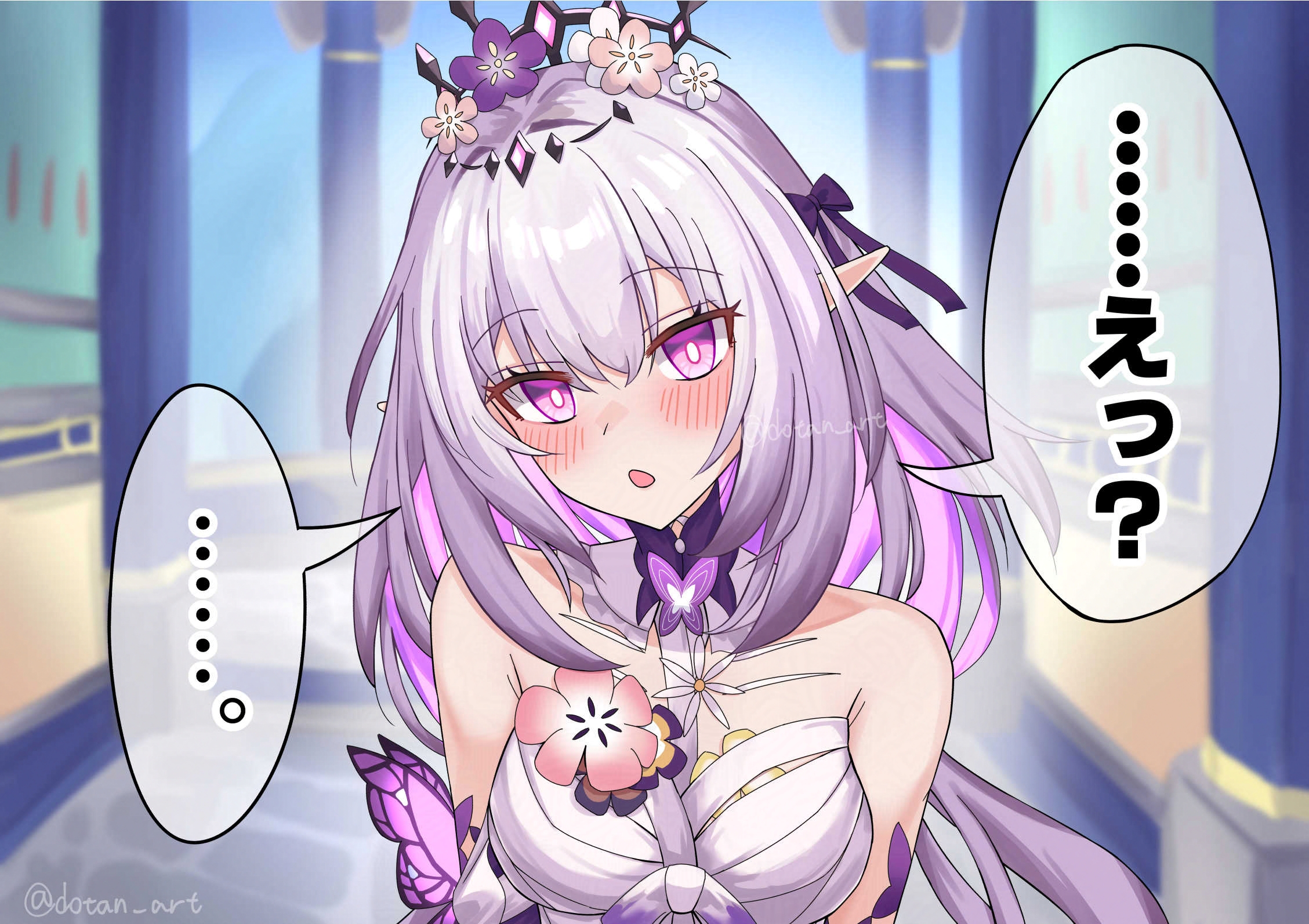 dotan art, castorice (honkai: star rail), honkai: star rail, honkai (series), highres, translation request, 1girl, bare shoulders, black tiara, blush, breasts, closed mouth, dress, flower, hair flower, hair ornament, indoors, long hair, medium breasts, pointy ears, purple eyes, purple hair, solo, speech bubble, tiara, twitter username, upper body, very long hair, white dress