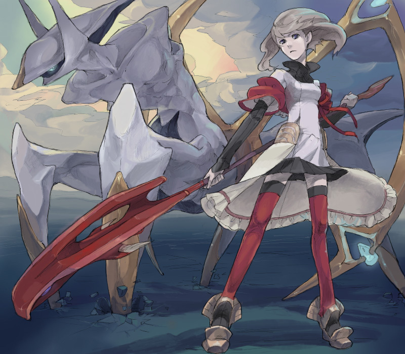 nishihara isao, arceus, may (pokemon), nintendo, pokemon, bad id, bad pixiv id, 00s, 1girl, alternate costume, black eyes, brown hair, cloud, costume, frown, gen 4 pokemon, legendary pokemon, mythical pokemon, no headwear, pokemon (creature), polearm, skirt, thighhighs, weapon, zettai ryouiki
