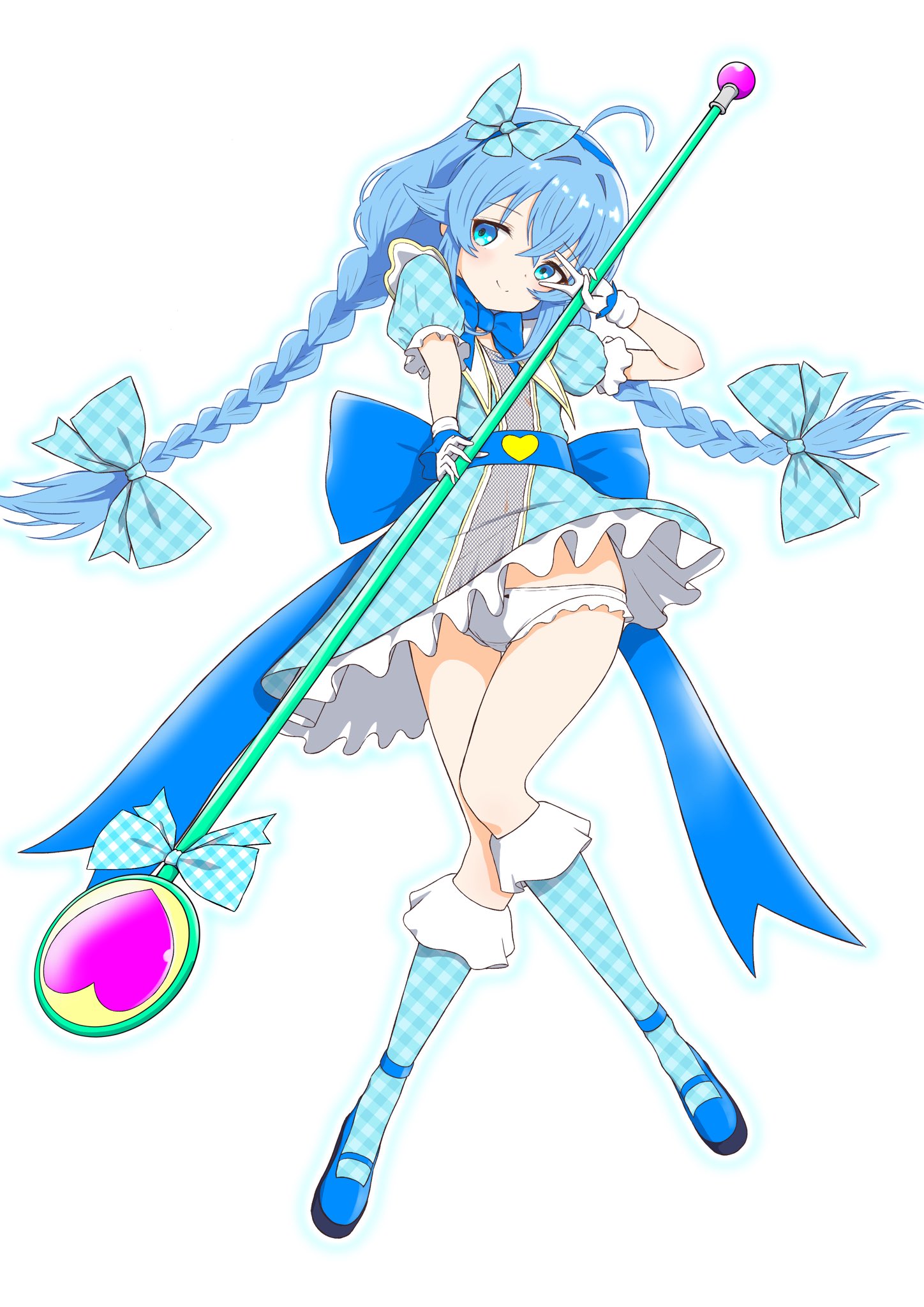 rora (user vgpk4444), roxy migurdia, mushoku tensei, commentary request, highres, 1girl, ahoge, alternate costume, aqua bow, aqua dress, aqua socks, blue eyes, blue hair, blue ribbon, blue shoes, bow, choppy bangs, closed mouth, clothes lift, crossed bangs, dot nose, dress, dress lift, dress ribbon, floating hair, full body, gloves, hair between eyes, hair bow, hand up, heart, holding, holding pole, kneehighs, knees together feet apart, long bangs, long hair, looking at viewer, magical girl, mary janes, panties, pantyshot, plaid bow, plaid clothes, plaid dress, plaid socks, pole, puffy short sleeves, puffy sleeves, ribbon, shoes, short dress, short sleeves, simple background, smile, socks, solo, split mouth, underwear, v, v over eye, very long hair, white background, white gloves, white panties