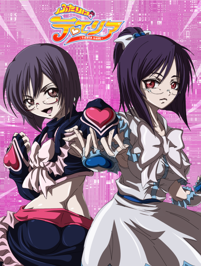 madhatter hello, cure black, cure white, tieria erde, futari wa precure, gundam, gundam 00, precure, bad id, bad pixiv id, gender request, 2girls, clone, cosplay, cure black (cosplay), cure white (cosplay), genderswap, glasses, half updo, heart, magical girl, midriff, multiple girls, parody, pink background, ponytail, siblings, twins