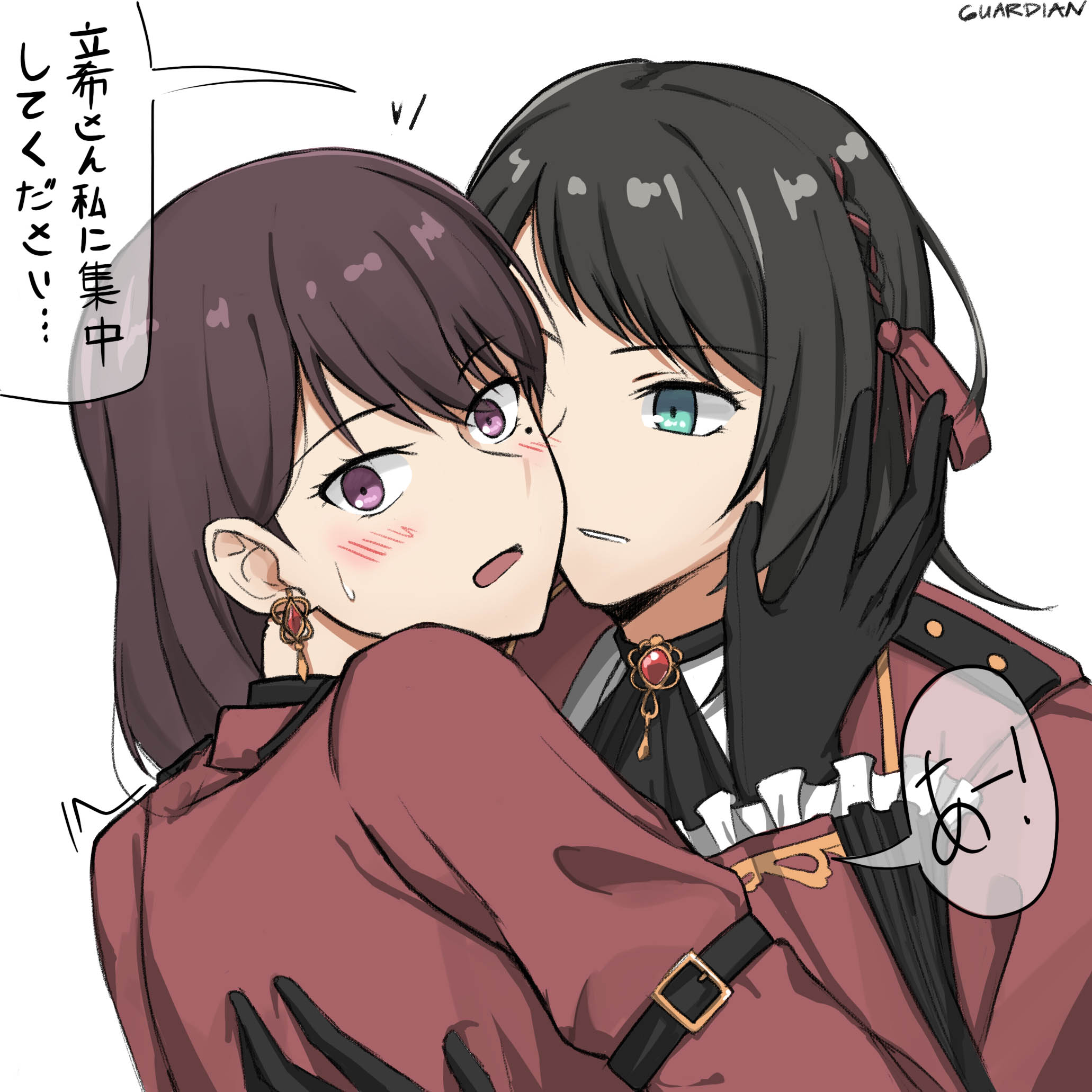 chdr anderson, shiina taki, yahata umiri, bang dream!, bang dream! it's mygo!!!!!, commentary, hashtag-only commentary, highres, translation request, 2girls, aqua eyes, ascot, black ascot, black gloves, black hair, blush, brown hair, coat, earrings, gloves, jewelry, long hair, mole, mole under eye, multiple girls, parted lips, purple eyes, red coat, simple background, speech bubble, sweat, white background, yuri
