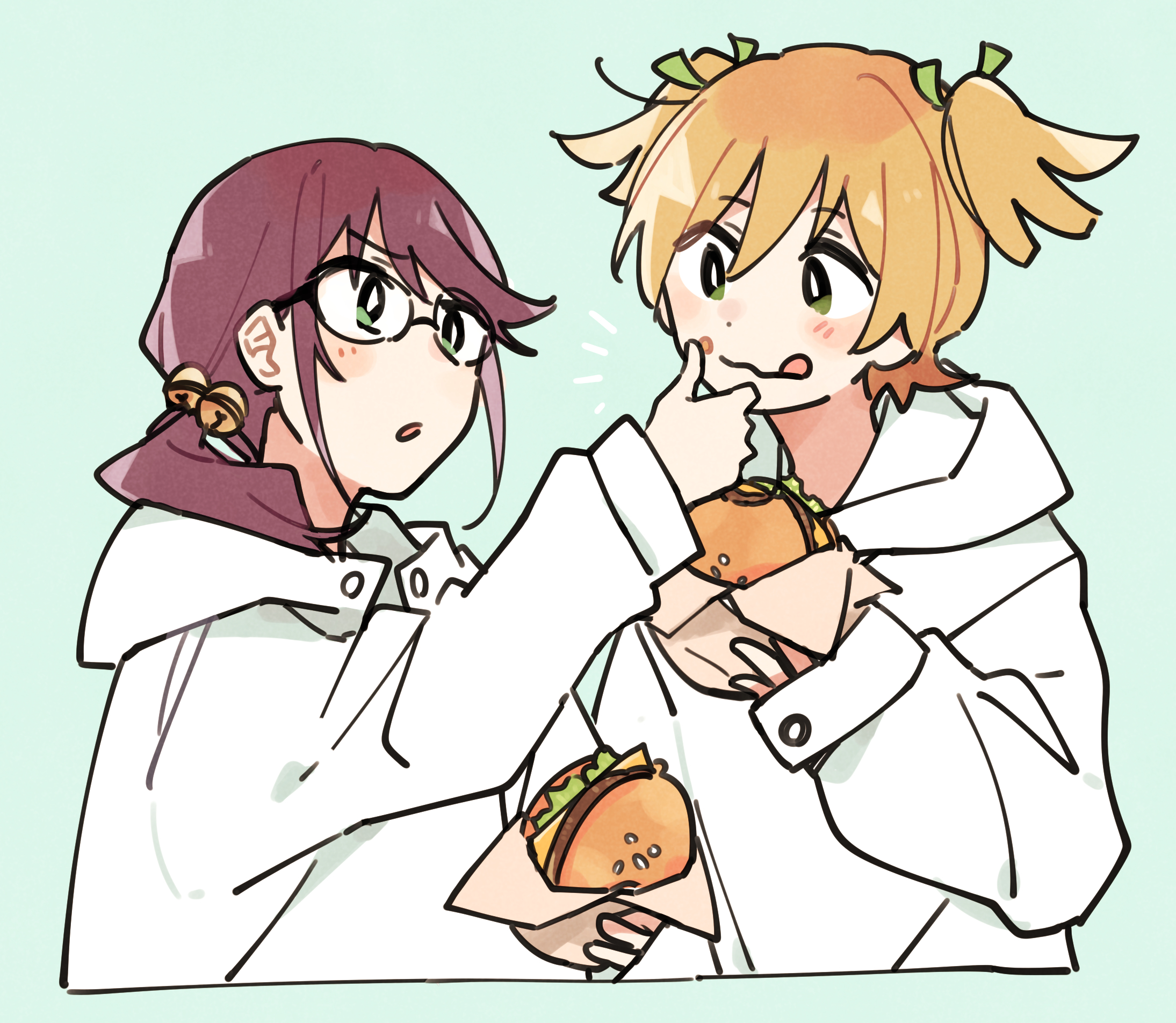 cetacea kw, daiba nana, hoshimi junna, shoujo kageki revue starlight, commentary request, highres, :o, :q, bell, black-framed eyewear, blonde hair, blush stickers, burger, cleaning, cropped torso, dot nose, face-to-face, flipped bangs, food, food bite, food on face, glasses, green background, green eyes, green ribbon, hair bell, hair between eyes, hair ornament, hair over shoulder, hand on another's face, hand up, holding, holding burger, holding food, hood, hood down, hoodie, long hair, long sleeves, looking at another, low side ponytail, no nose, notice lines, parted lips, purple hair, ribbon, short hair, sidelocks, simple background, sleeves past wrists, tongue, tongue out, wavy mouth, white hoodie