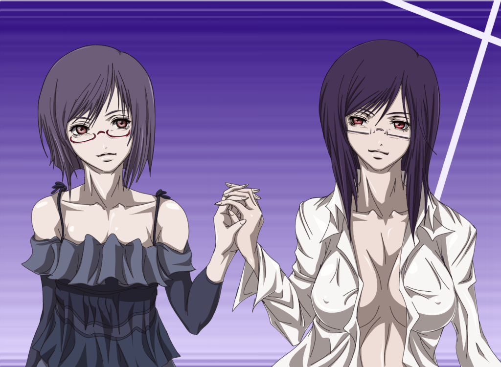 madhatter hello, regene regetta, tieria erde, gundam, gundam 00, bad id, bad pixiv id, 00s, 2girls, androgynous, breasts, flat chest, genderswap, genderswap (mtf), glasses, holding hands, interlocked fingers, large breasts, multiple girls, open clothes, open shirt, shirt, siblings, twins