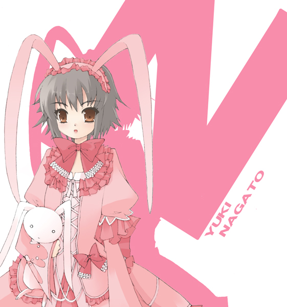 noi (noi 2y), nagato yuki, suzumiya haruhi no yuuutsu, eyebrows, 00s, 1girl, :o, alternate costume, animal ears, bow, bowtie, brown eyes, character name, cross-laced clothes, dress, fake animal ears, female focus, frills, grey hair, hairband, holding, holding stuffed toy, long sleeves, pink bow, pink bowtie, pink dress, puffy long sleeves, puffy sleeves, rabbit ears, short hair, solo, stuffed animal, stuffed rabbit, stuffed toy, text focus, upper body