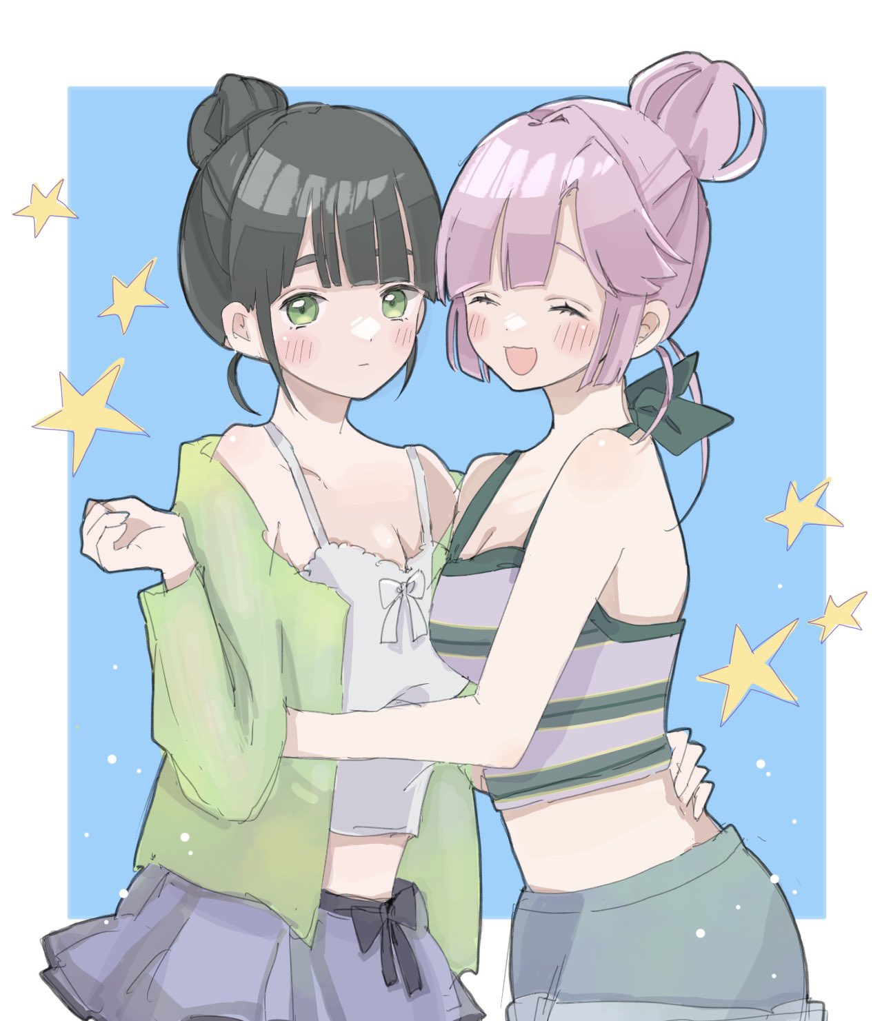 momoi shigeki, anyoji hime, momose ginko, link! like! love live!, love live!, commentary, highres, symbol-only commentary, 2girls, :d, ^ ^, anyoji hime (sleepover at ginko's), blue background, blue shorts, blunt sidelocks, breasts, camisole, cardigan, cleavage, closed eyes, green cardigan, green eyes, green shirt, hair bun, large breasts, looking at viewer, midriff, miniskirt, momose ginko (sleepover at ginko's), multiple girls, official alternate costume, open mouth, purple shirt, purple skirt, shirt, short shorts, shorts, sidelocks, simple background, single hair bun, skirt, sleeveless, sleeveless shirt, smile, two-tone shirt, virtual youtuber, white camisole