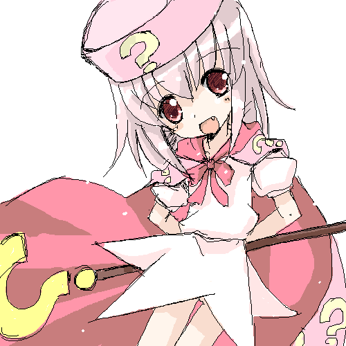 yuugiri (artist), yuugiri (u-slash), hatena yousei, benesse, lowres, 1girl, ?, fang, female focus, hat, oekaki, pink hat, solo