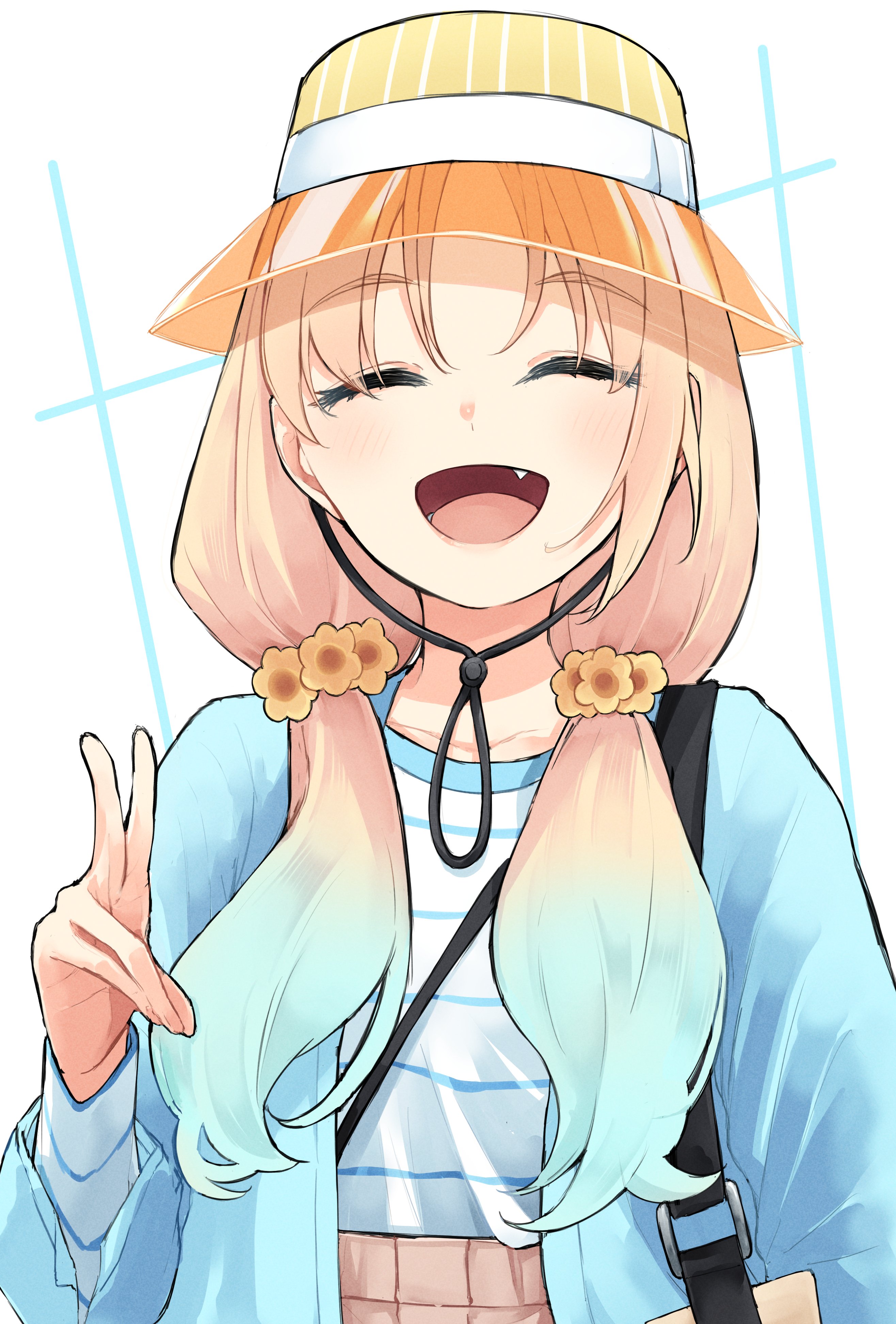 mendo (mend0o0 ), osawa rurino, link! like! love live!, love live!, absurdres, commentary, highres, 1girl, bag, blue cardigan, blue shirt, blush, cardigan, chin strap, facing viewer, fang, flower, hair flower, hair ornament, hair over shoulder, hat, long hair, low twintails, official alternate costume, open cardigan, open clothes, pinstripe pattern, pinstripe shirt, shirt, simple background, solo, twintails, v, virtual youtuber, white background, yellow flower, yellow hat