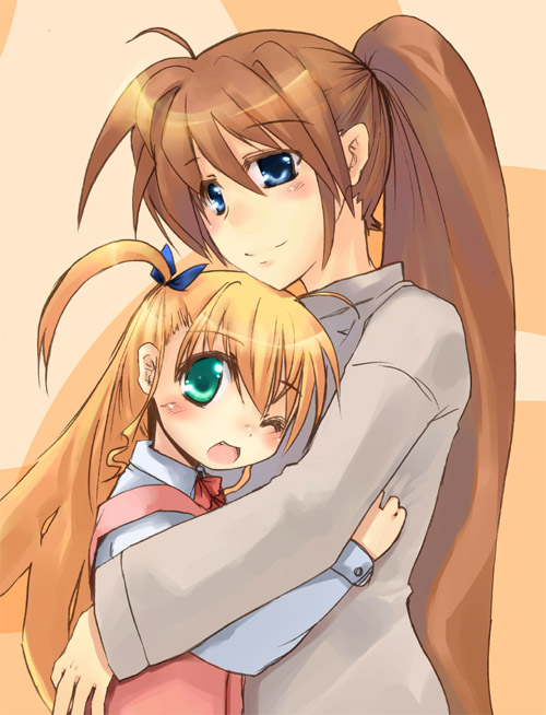 karamiti, takamachi nanoha, vivio, lyrical nanoha, mahou shoujo lyrical nanoha, mahou shoujo lyrical nanoha strikers, 00s, 2girls, ;d, age difference, ahoge, blue eyes, blush, dress, hug, long sleeves, looking at viewer, mother and daughter, multiple girls, one eye closed, one side up, open mouth, red dress, side ponytail, smile, sweater, tareme