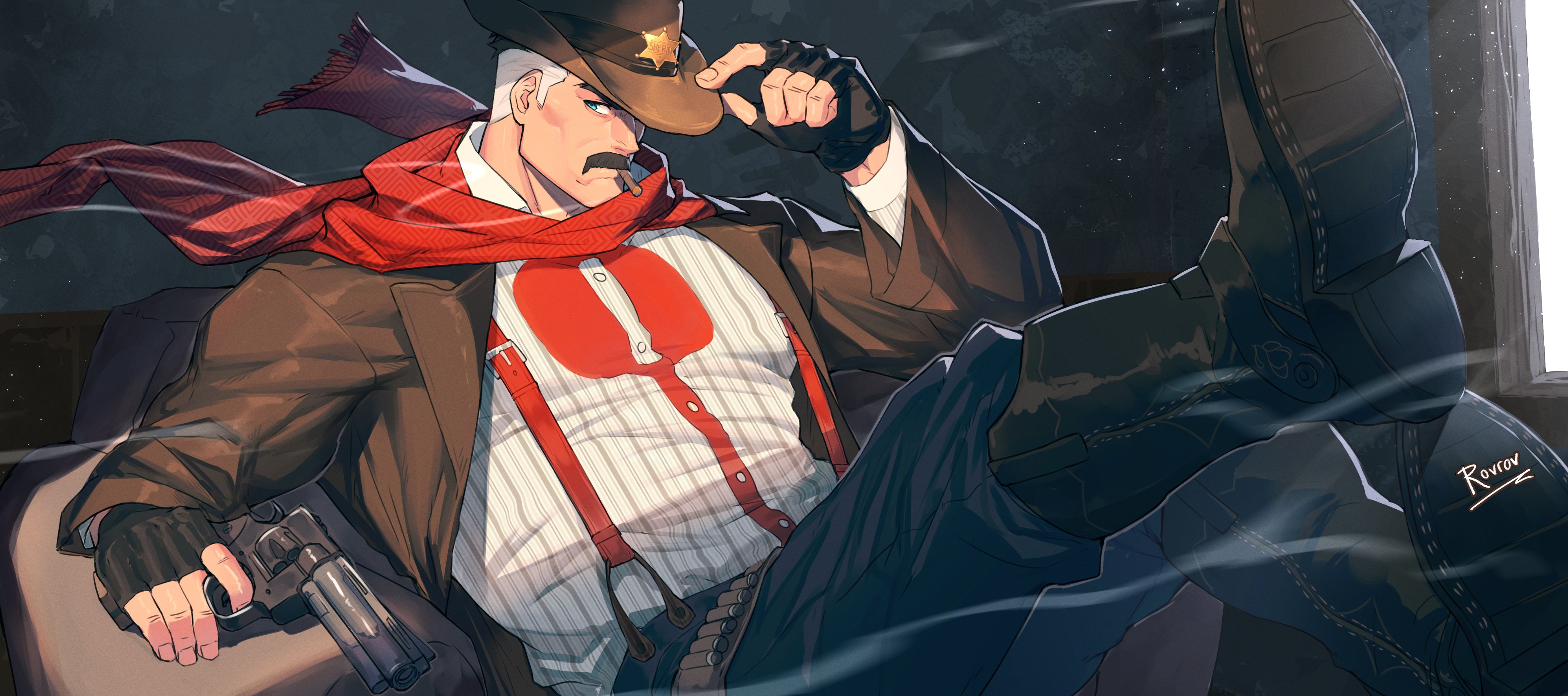 omni-man, invincible (series), absurdres, commentary, english commentary, highres, 1boy, adjusting clothes, adjusting headwear, arm up, artist name, black boots, black gloves, black pants, blue eyes, boots, brown coat, brown hat, coat, cowboy, cowboy boots, cowboy hat, facial hair, fingerless gloves, fingernails, gloves, gun, handgun, hat, holding, holding gun, holding weapon, lapels, layered sleeves, leaning back, long sleeves, male focus, mustache, open clothes, open coat, pants, patterned clothing, pinstripe pattern, pinstripe shirt, red scarf, rovrov, scarf, shirt, short hair, short sideburns, sitting, solo, suspenders, very short hair, weapon, western, window
