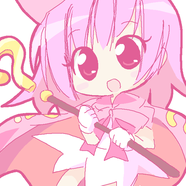mirai (sugar), hatena yousei, benesse, 1girl, :d, bow, bowtie, cape, chibi, cowboy shot, dress, female focus, holding, holding wand, open mouth, pink hair, red bow, red bowtie, red eyes, short hair, smile, solo, staff, wand, white dress