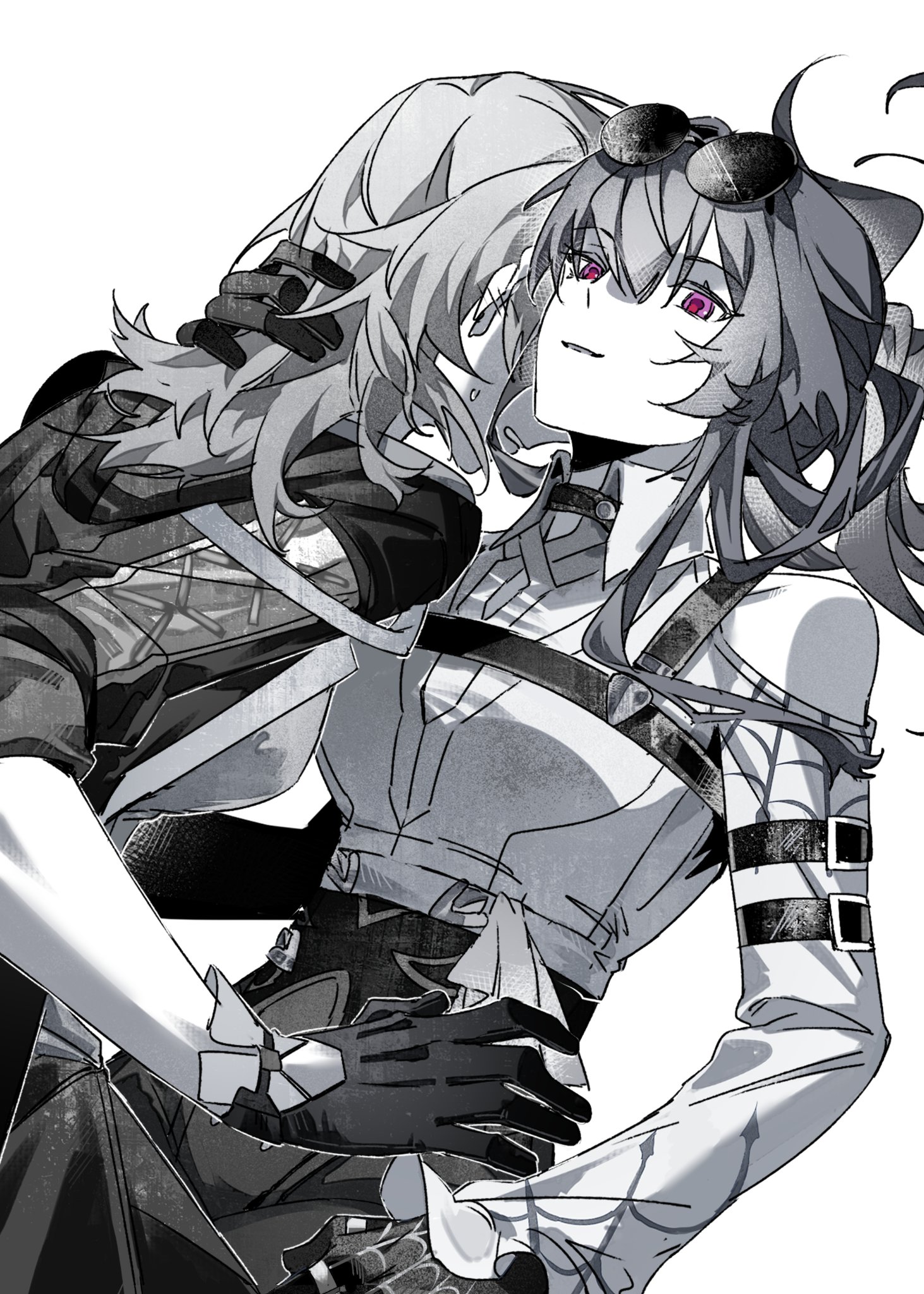 xianyuqihaouki, kafka (honkai: star rail), stelle (honkai: star rail), trailblazer (honkai: star rail), honkai: star rail, honkai (series), commentary, english commentary, highres, 2girls, clothing cutout, collared shirt, eyewear on head, gloves, greyscale, hand in another's hair, high-waist shorts, jacket, long hair, monochrome, multiple girls, parted lips, ponytail, purple eyes, shirt, shorts, shoulder cutout, smile, sunglasses, yuri