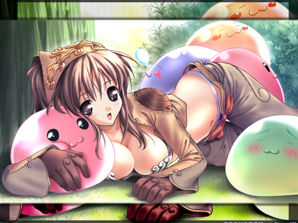 masaharu, drops (ragnarok online), marin (ragnarok online), poporing, poring, thief (ragnarok online), ragnarok online, 1girl, :3, blush, blush stickers, bra, breasts, brown eyes, brown hair, cleavage, female focus, gloves, huge breasts, large breasts, lingerie, panties, solo, underwear
