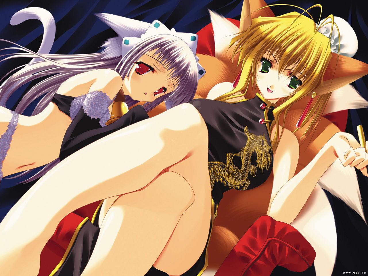 aoi yuuji, yui (puni puni handmaid), puni puni handmaid, silver hair, 2girls, animal ears, antenna hair, bare shoulders, bell, blonde hair, blush, bra, breasts, bun cover, cat ears, cat tail, china dress, chinese clothes, collar, crossed legs, dress, dutch angle, earrings, elbow gloves, fox ears, fox tail, gloves, green eyes, jewelry, kitsune, kyuubi, large breasts, lingerie, multiple girls, multiple tails, neck bell, panties, purple hair, red eyes, sitting, smile, tail, tamamo (puni puni handmaid), underwear